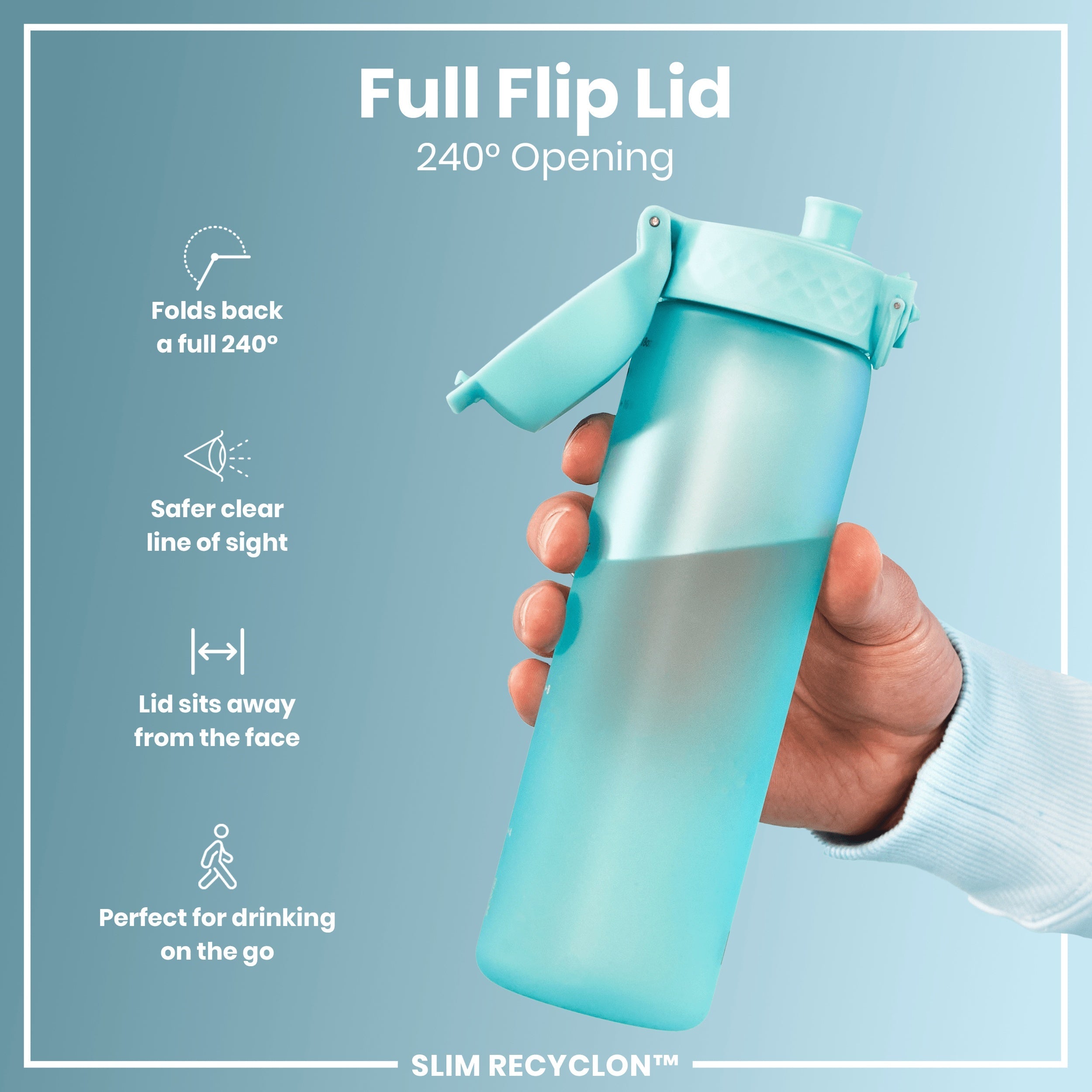Leak Proof Slim Water Bottle, Recyclon, Sonic Blue, 500ml (18oz)