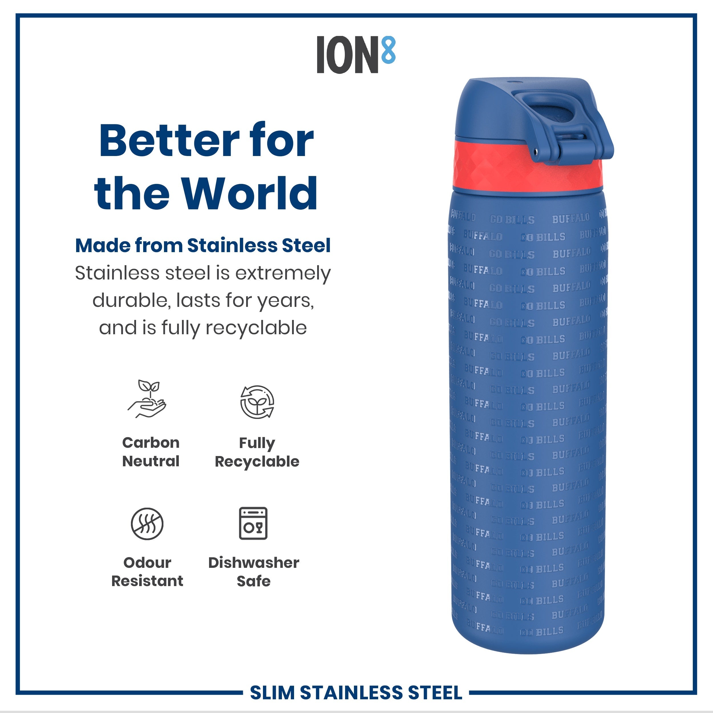 Leak Proof NFL Water Bottle, Stainless Steel, Buffalo Bills, 600ml (20oz)