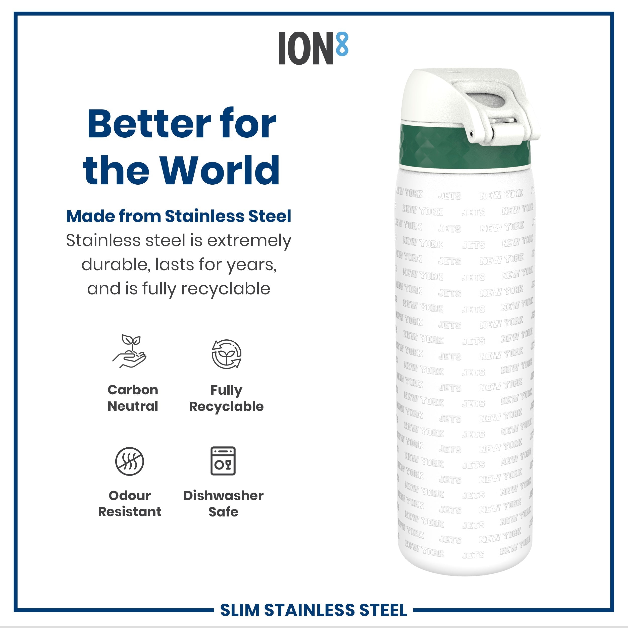 Leak Proof NFL Water Bottle, Stainless Steel, New York Jets, 600ml (20oz)