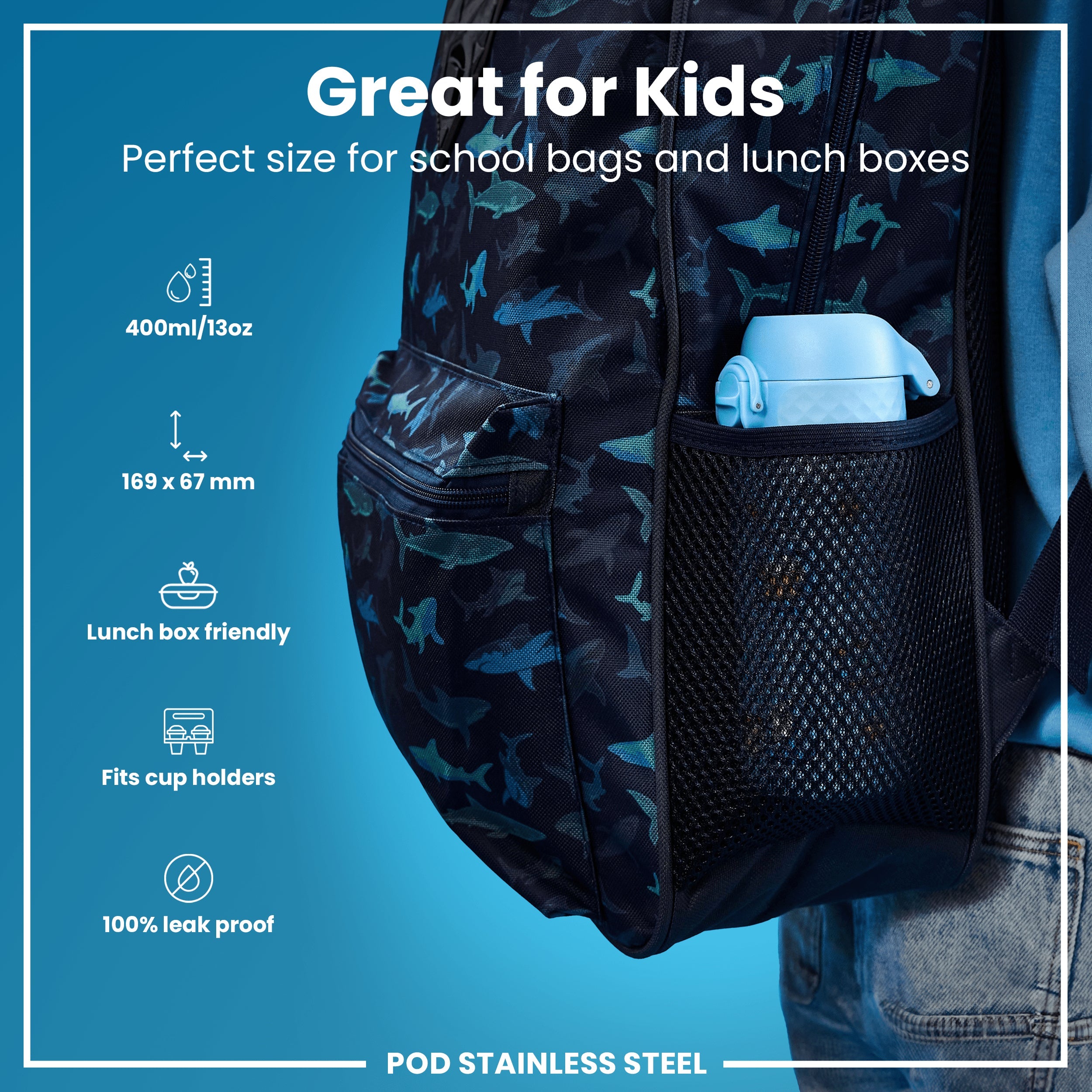 Leak Proof Kids Water Bottle, Stainless Steel, Sharks, 400ml (13oz)