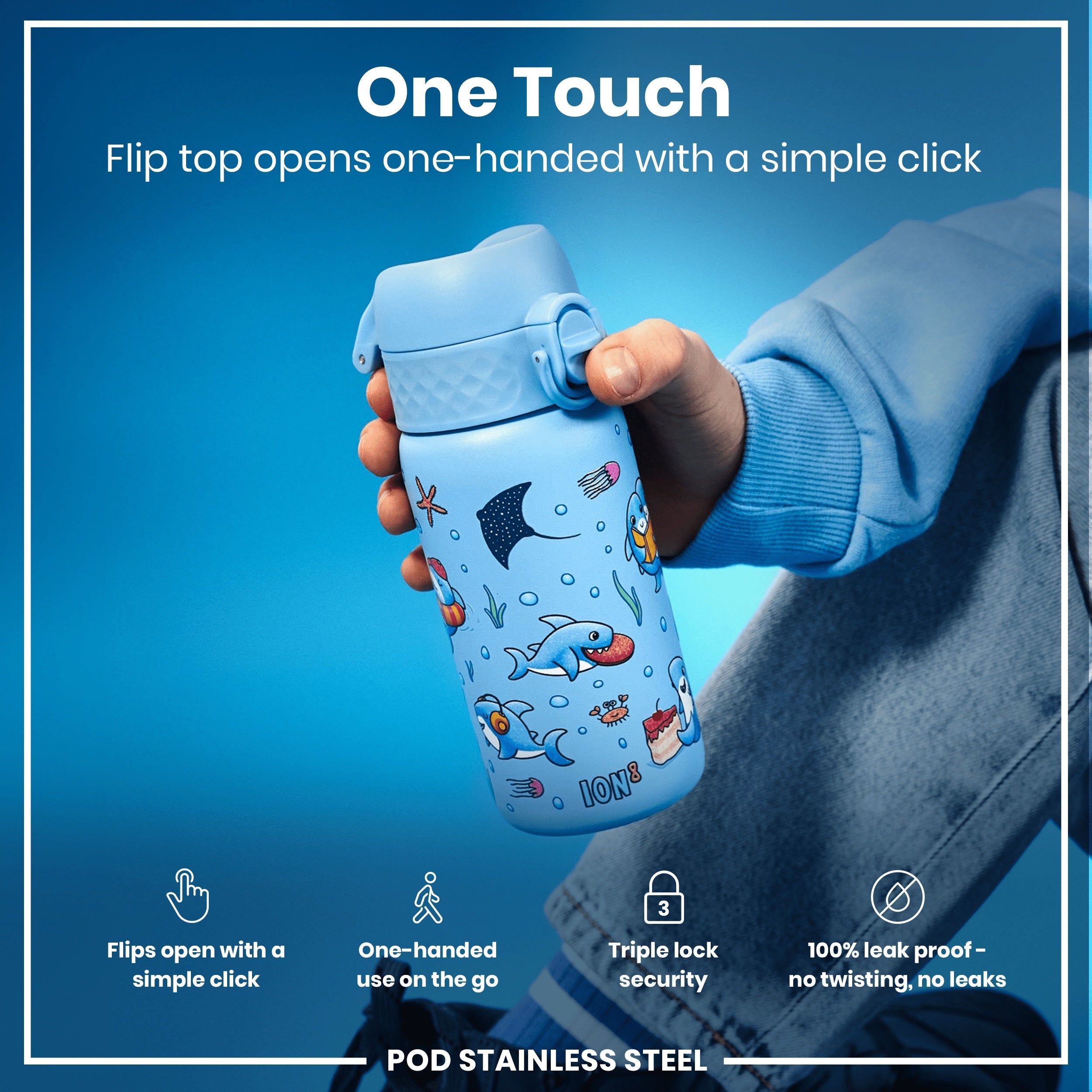 Leak Proof Kids Water Bottle, Stainless Steel, Sharks, 400ml (13oz)