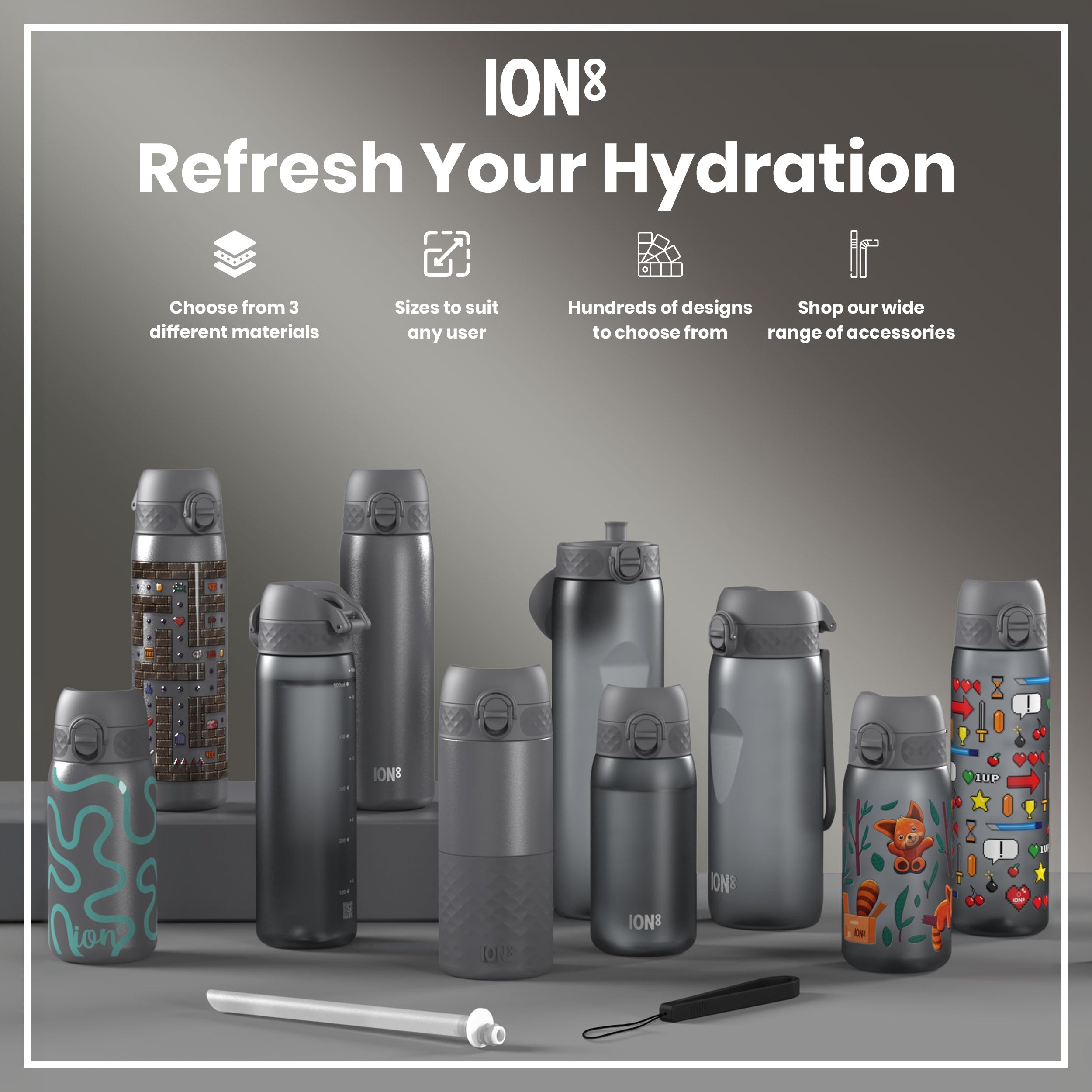 Leak Proof Medium Water Bottle with Straw, Recyclon, Grey, 500ml (18oz)