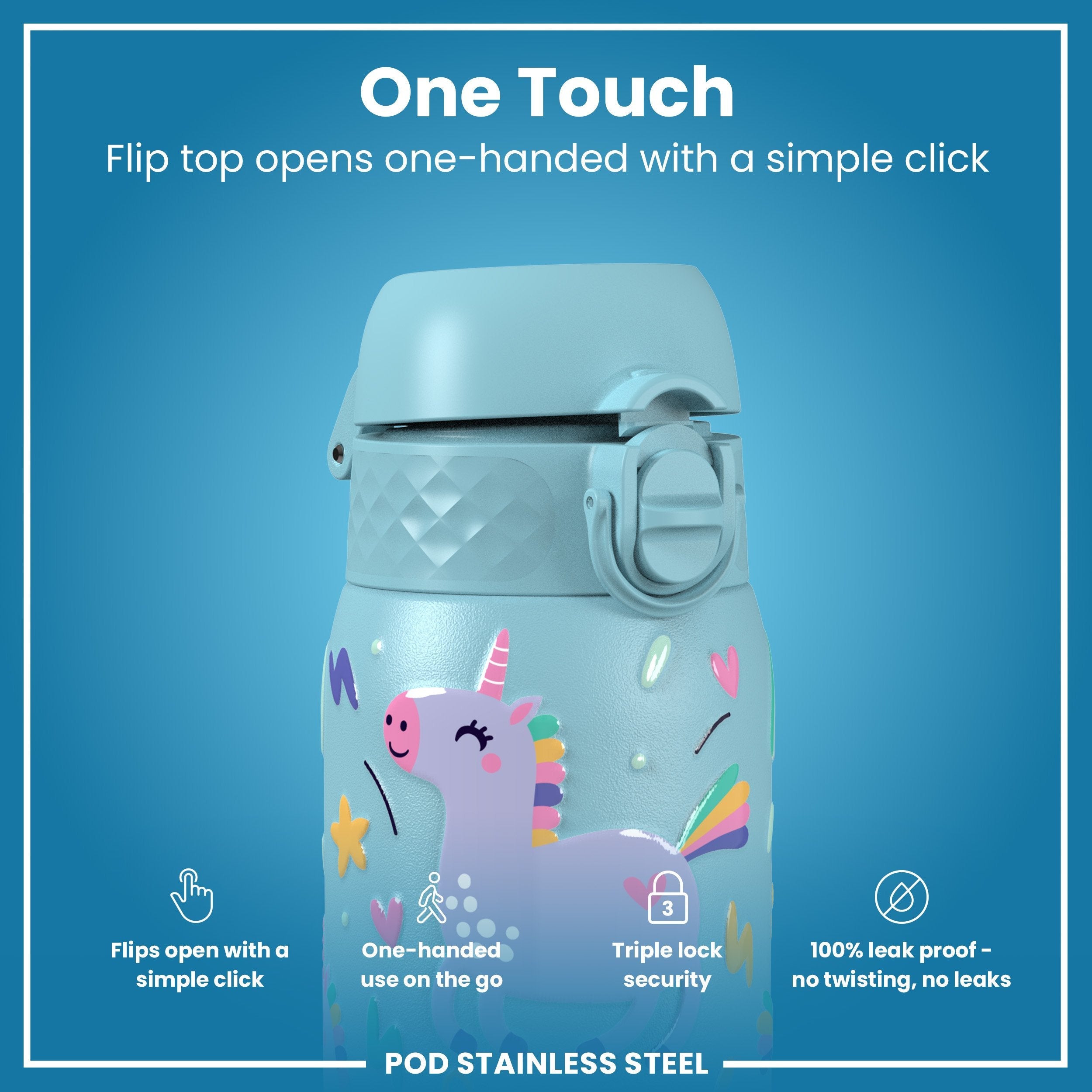 Leak Proof Kids Water Bottle, Stainless Steel, Blue Unicorns, 400ml (13oz)