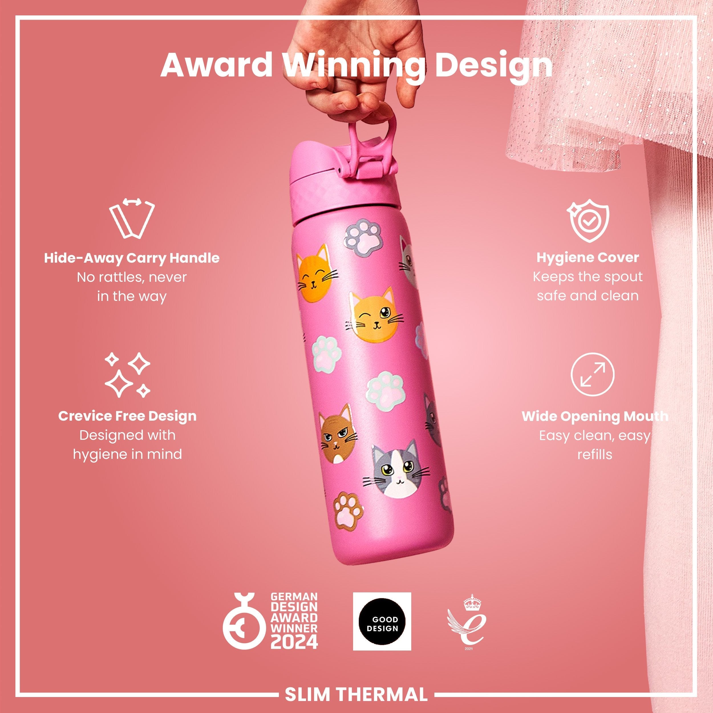 Leak Proof Slim Thermal Steel Water Bottle, Insulated, Cats, 500ml (17oz)