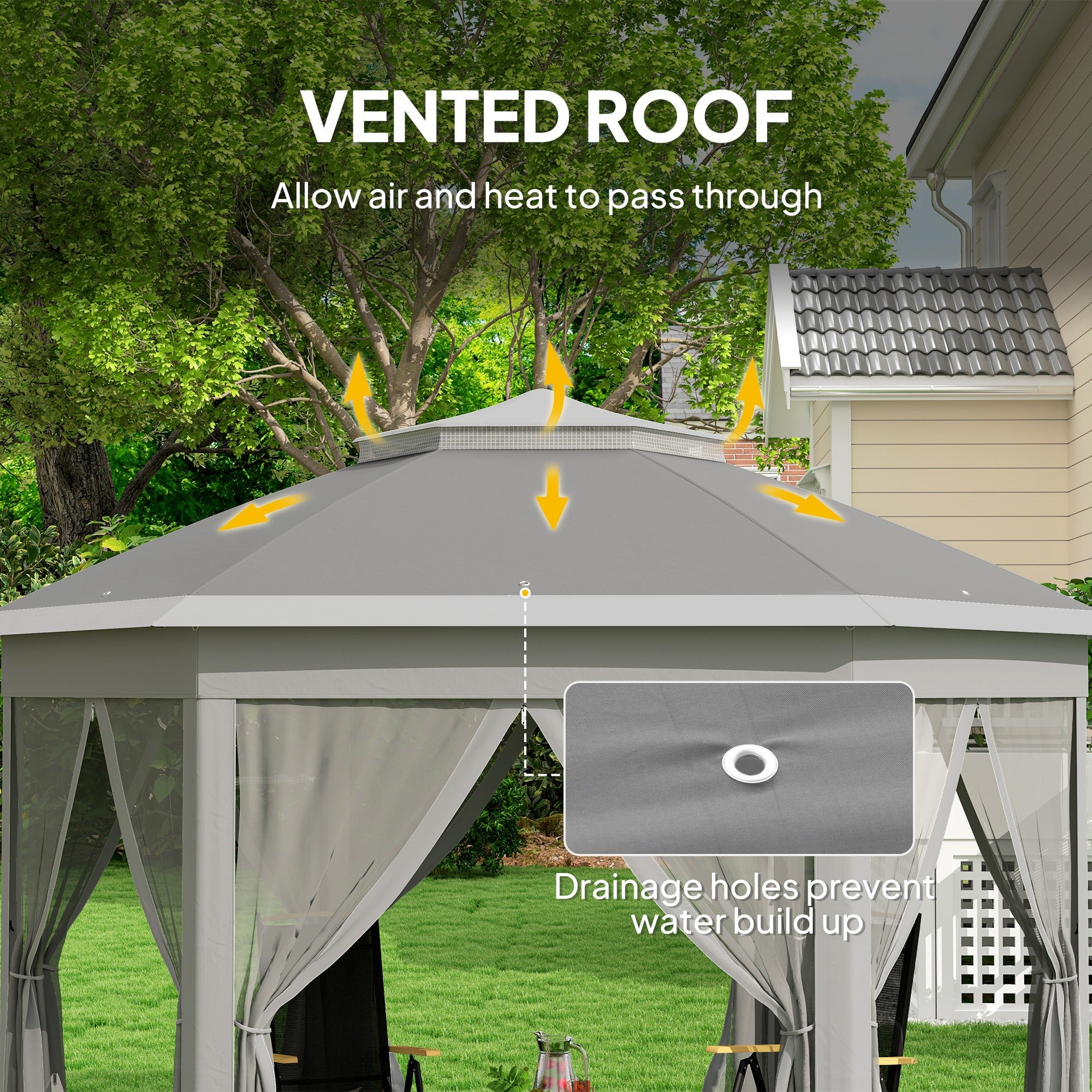 Outsunny 3x4m Hexagon Gazebo w/ Mesh Curtains Outdoor Garden, Dark Grey