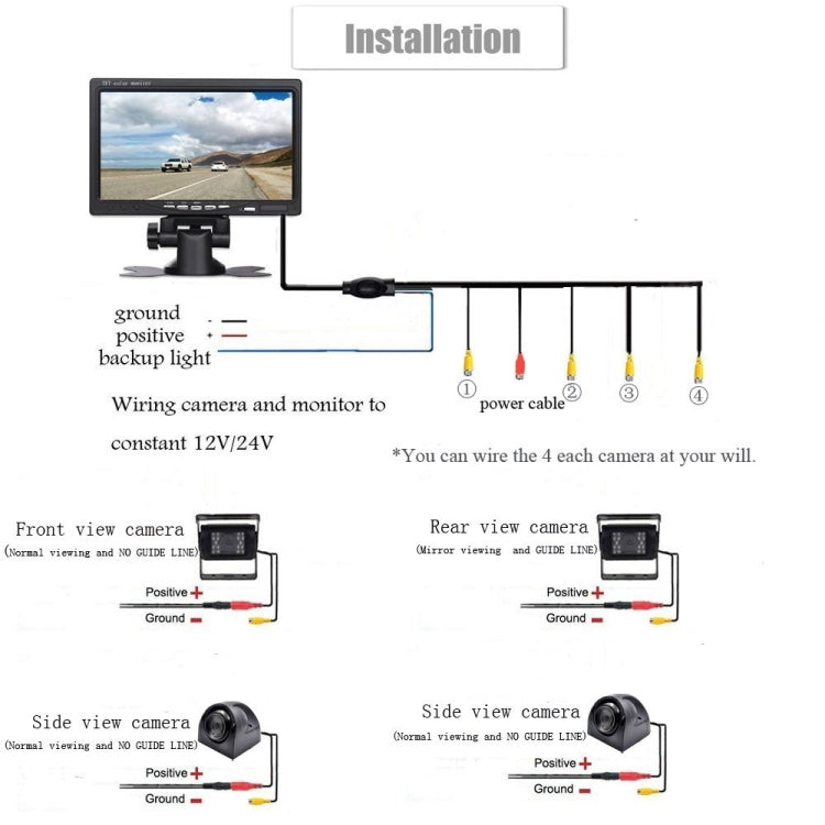 K0164 7 inch HD Car 18 IR Rear View Backup Four Cameras Rearview Monitor