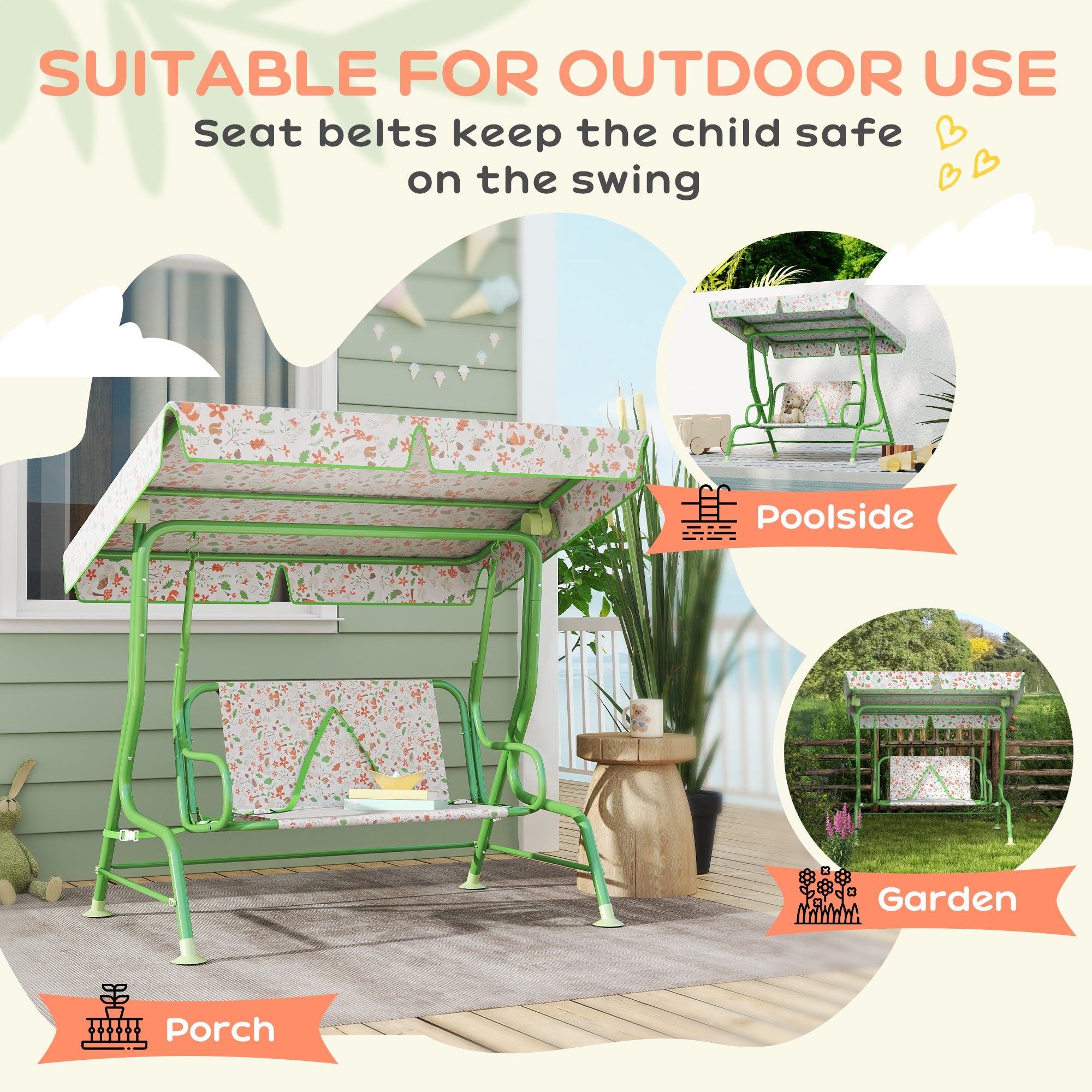 AIYAPLAY Kids Garden Swing Chair, Swing Seat with Adjustable Canopy, Green