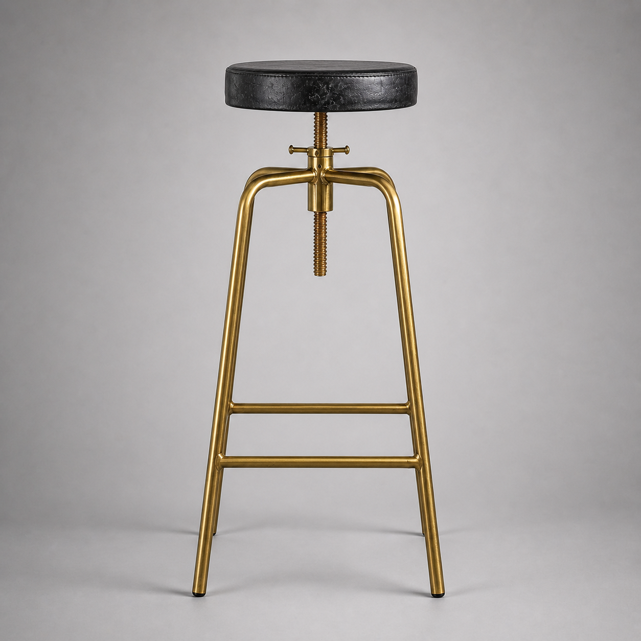 Brass Bar Adjustable Stool Black Leather Top Seat | Vintage Industrial Style