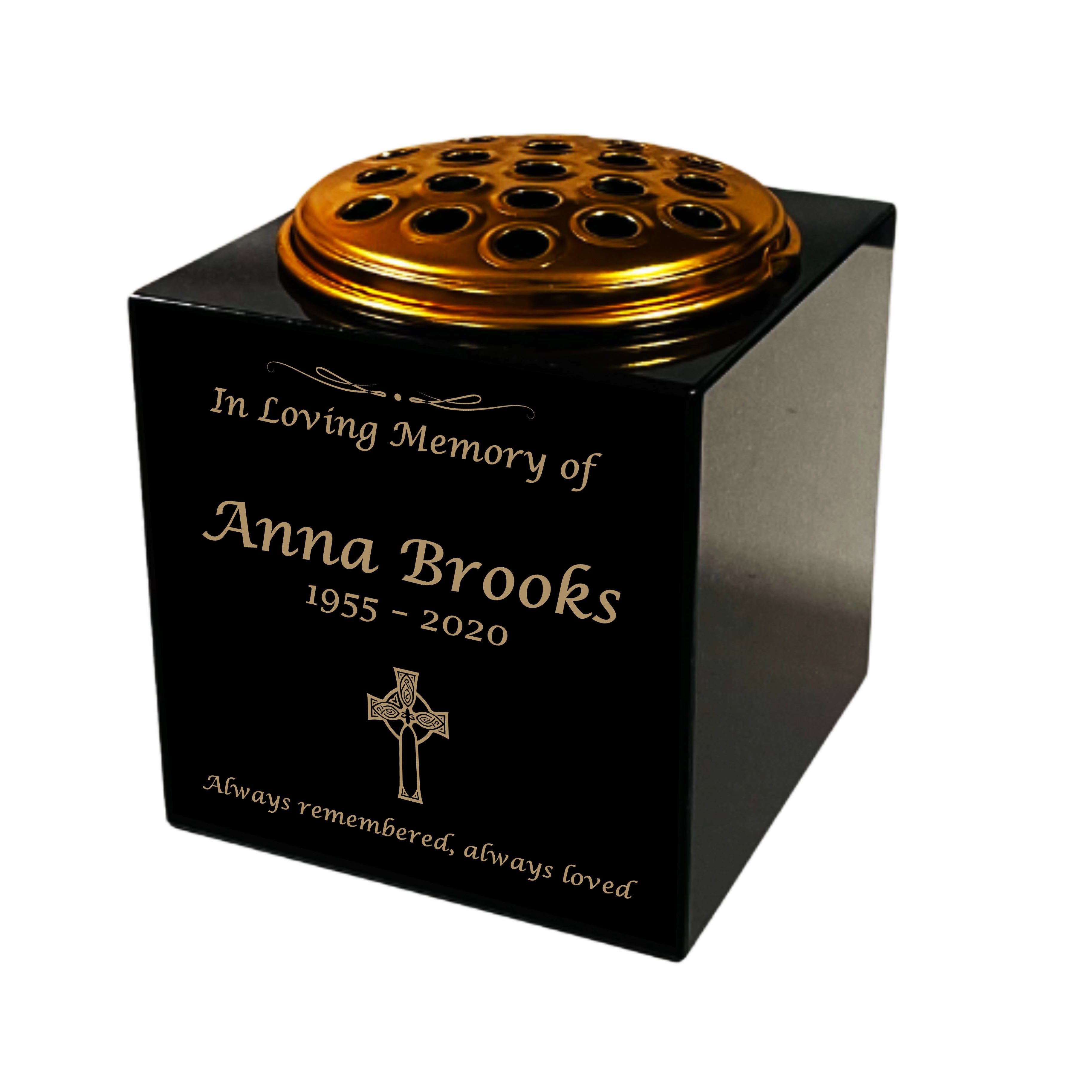 Granite Memorial Vase- Solid Granite – Free Personalised Gold Engraving, Celtic Cross – Includes Metal Flower Pot Insert