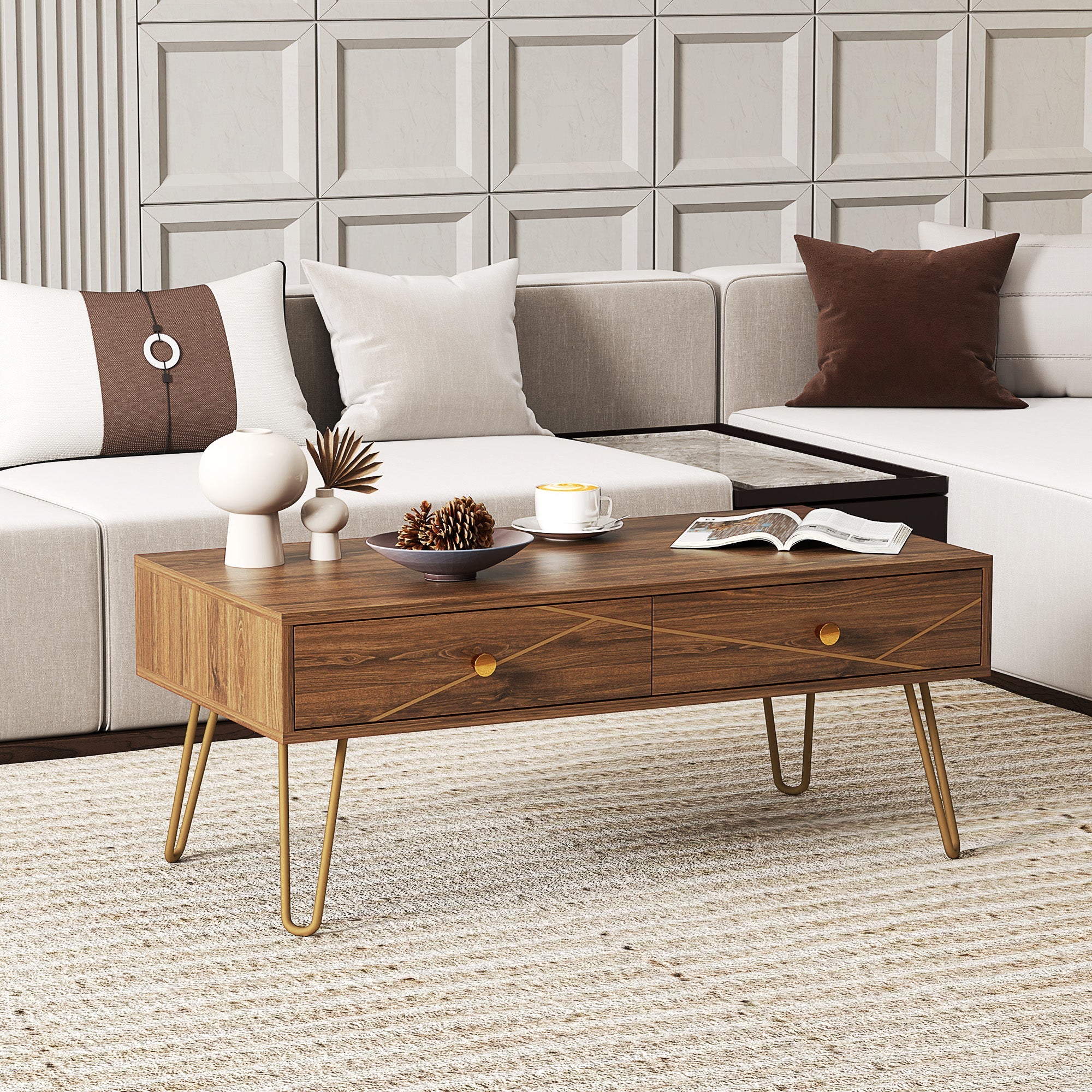 HOMCOM Coffee Table with Drawers, Living Room Table with Steel Base