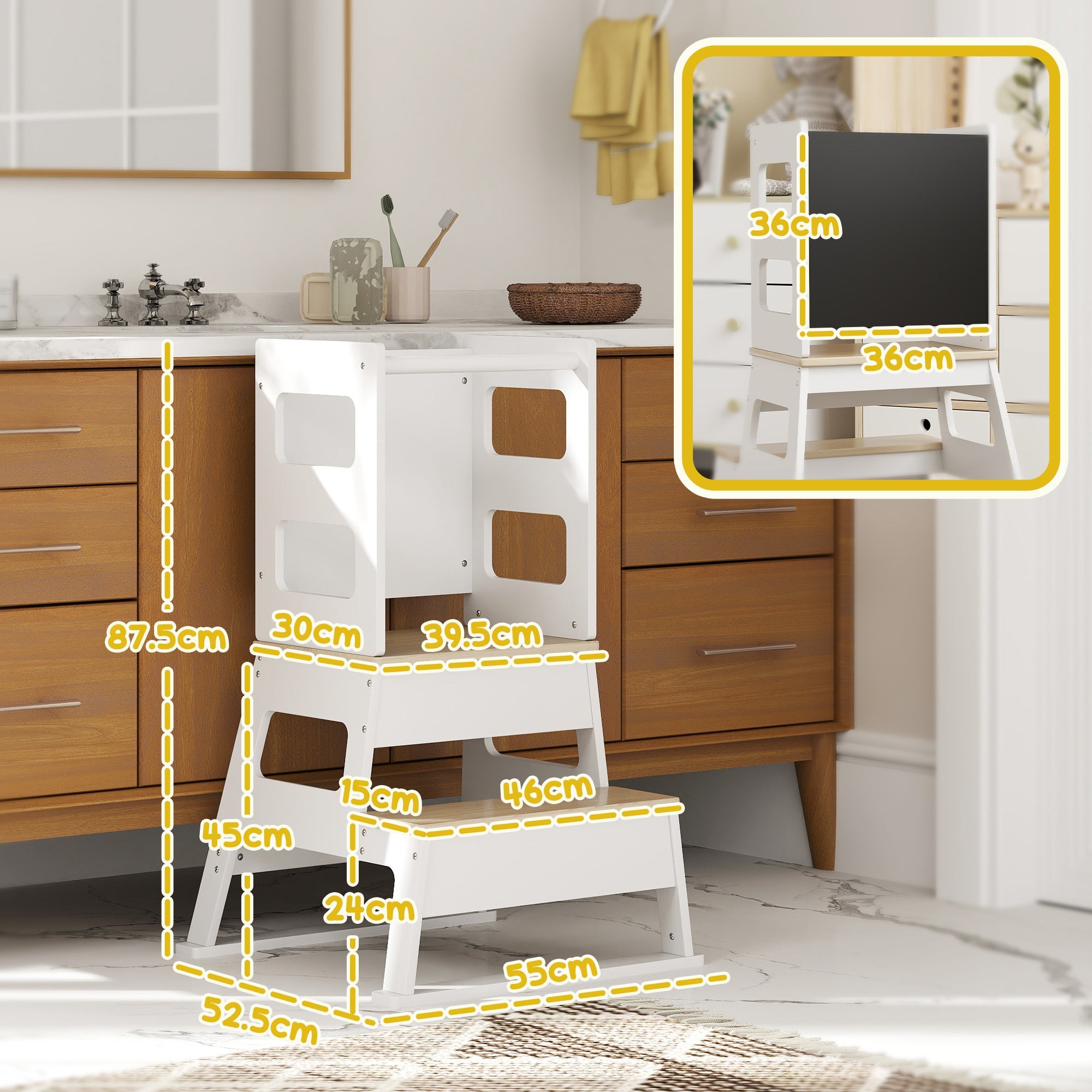 AIYAPLAY 2 in 1 Toddler Tower w/ Chalkboard, Safety Rail, for Kitchen, Sink