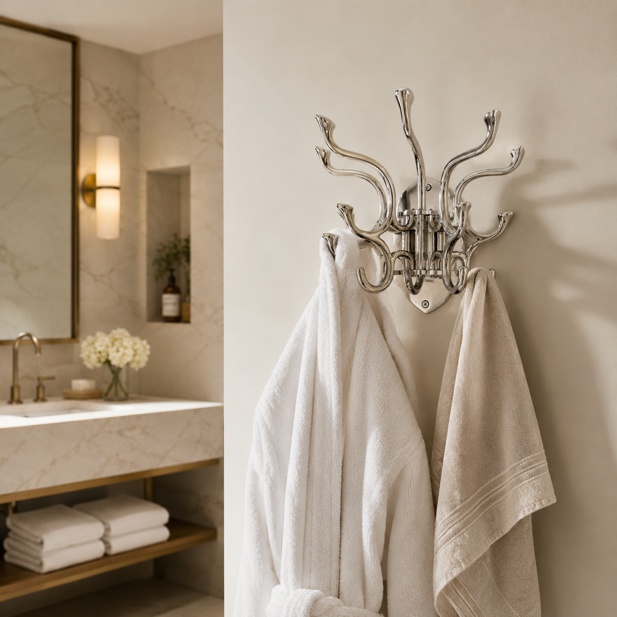 Metal Swivel Coat Rack | Polished Aluminium 5 Hook Wall Hanger