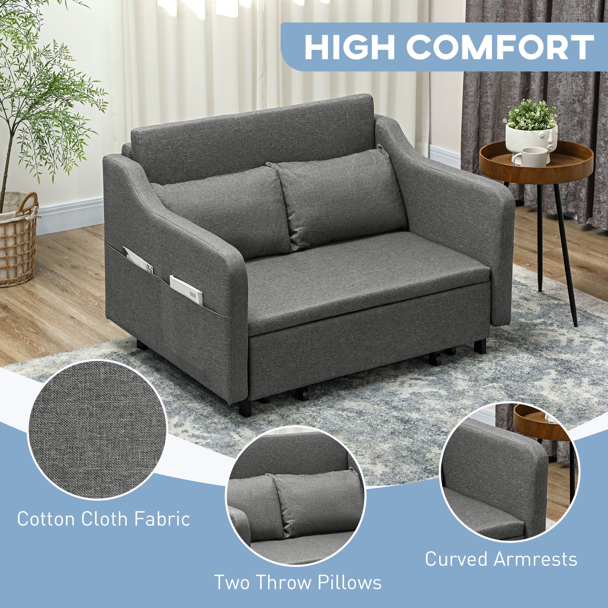 HOMCOM Pull Out Sofa Bed, Fabric 2 Seater Sofa Couch for Living Room, Grey