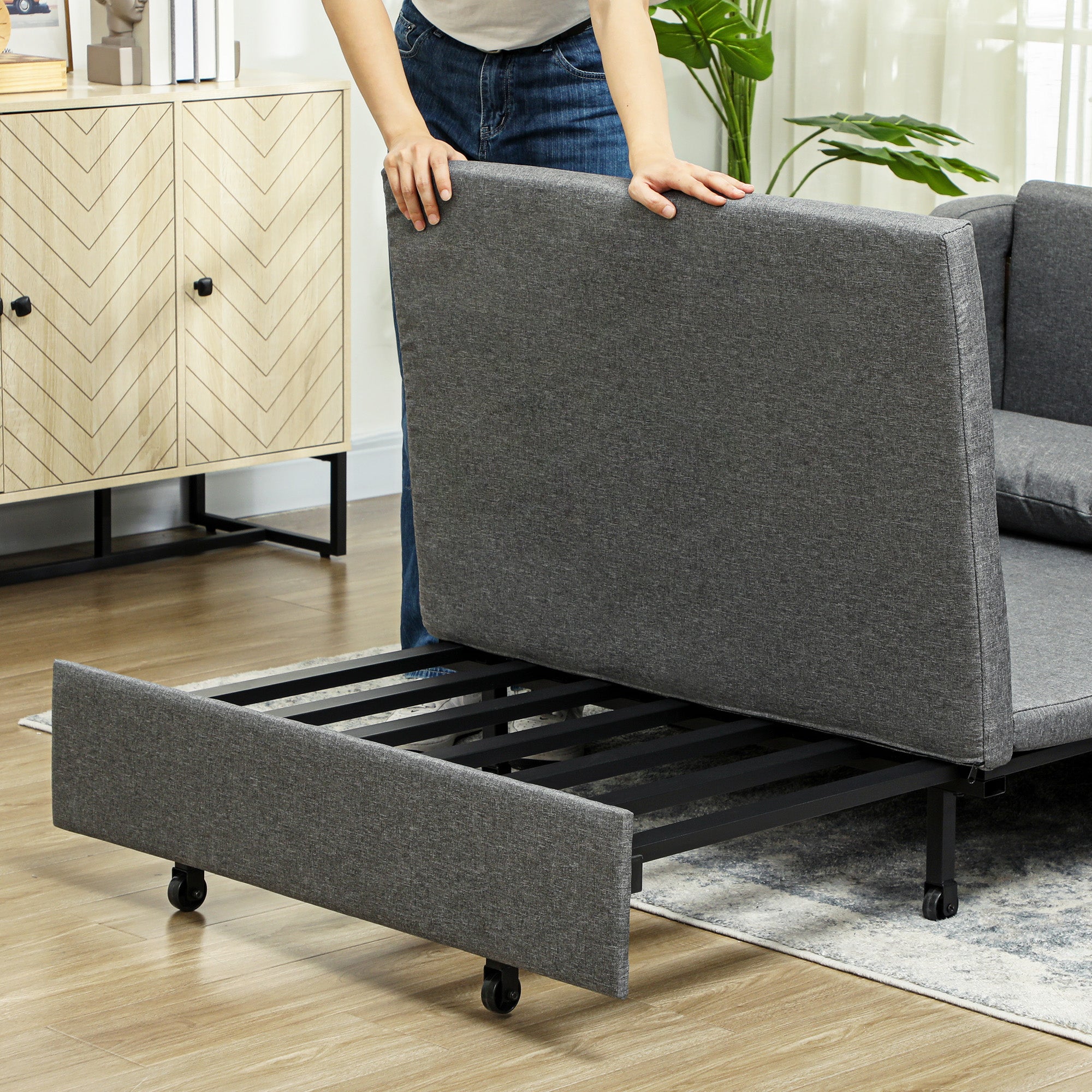 HOMCOM Pull Out Sofa Bed, Fabric 2 Seater Sofa Couch for Living Room, Grey