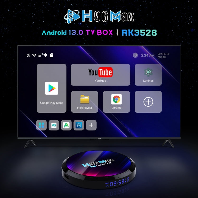 H96 Max 8K Ultra HD Smart TV Box Android 13.0 Media Player with Remote Control, RK3528 Quad-Core, 4GB+32GB(UK Plug)