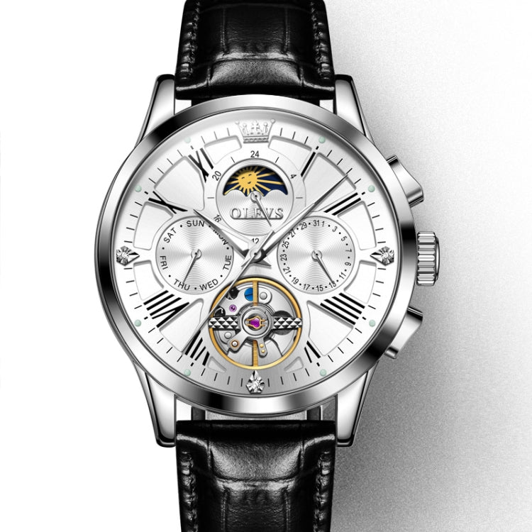 OLEVS 9912 Hollow Flywheel Week Calendar Dial Luminous Mechanical Watch for Men