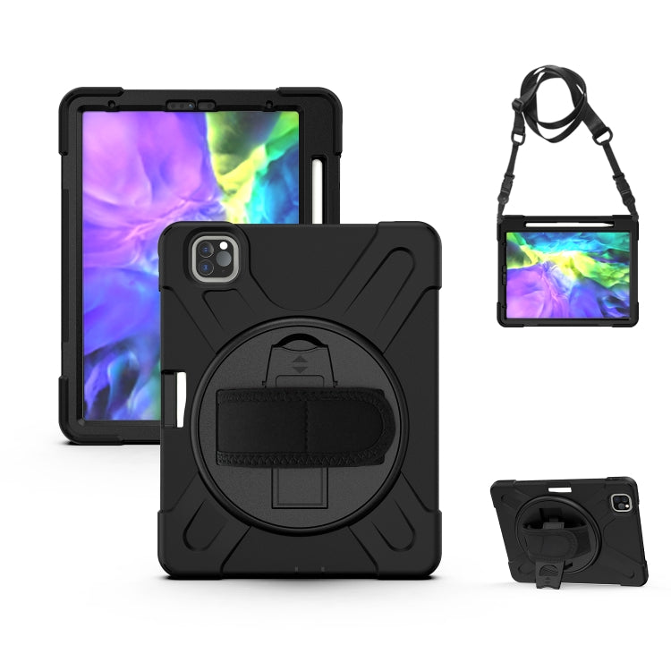 For iPad Pro 12.9 2020 / 2018 360 Degree Rotation Silicone Protective Cover with Holder & Hand Strap & Long Strap & Pencil Slot(Black)
