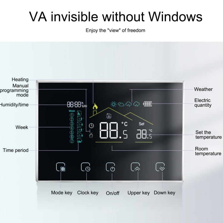 BHT-8000RF-VA- GBCW Wireless Smart LED Screen Thermostat With WiFi, Specification:Electric / Boiler Heating, Electric Heating, Electric Boiler Heating, Boiler Heating, Water Heating, Hydroelectric Heating, Water Boiler Heating