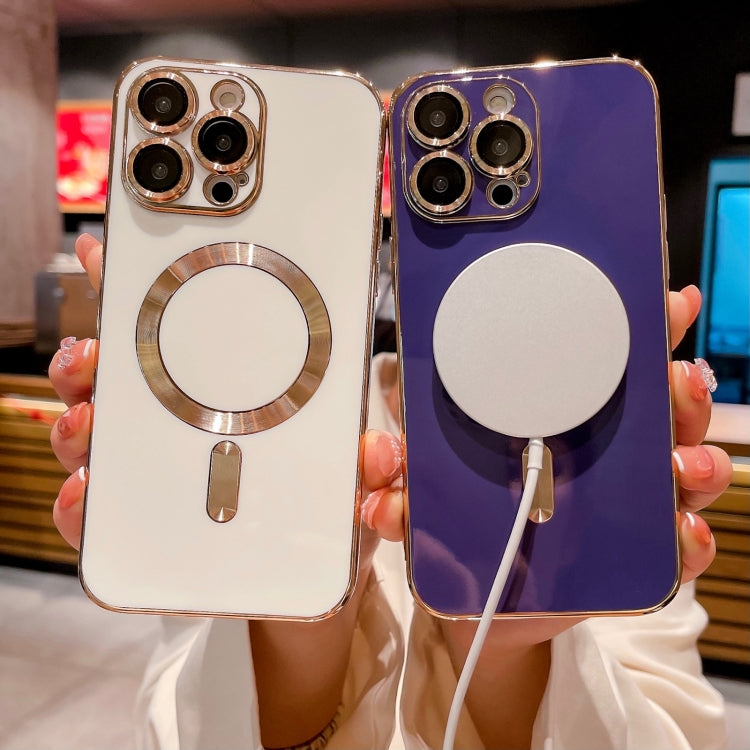 For iPhone 15 Pro Max Magsafe Plating TPU Phone Case with Lens Film(White)