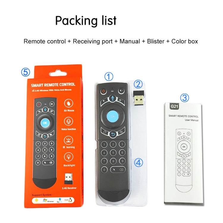 G21 2.4GHz Fly Air Mouse LED Backlight Wireless Keyboard Remote Control with Gyroscope for Android TV Box / PC, Support Intelligent Voice (Orange)