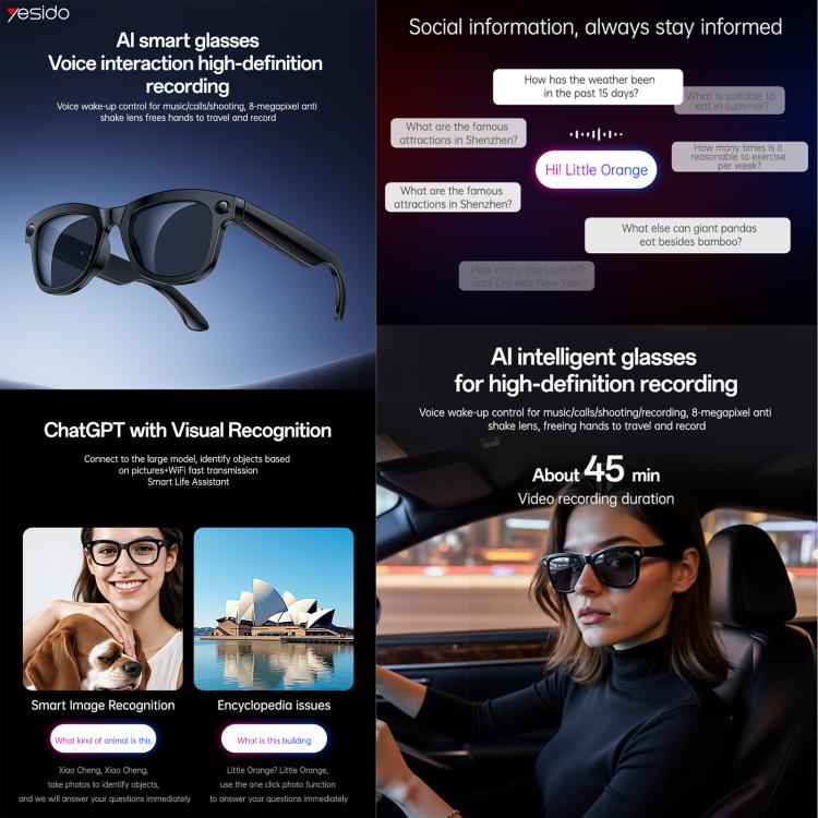 Yesido IO42 IP67 Waterproof Smart AI Glasses with HD Camera, Multi Language Support, Dual Mic Noise Cancellation, Ergonomic, IO42