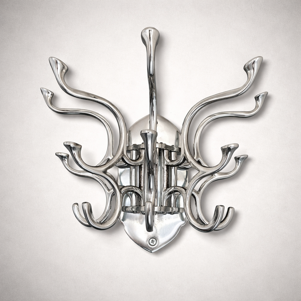 Metal Swivel Coat Rack | Polished Aluminium 5 Hook Wall Hanger