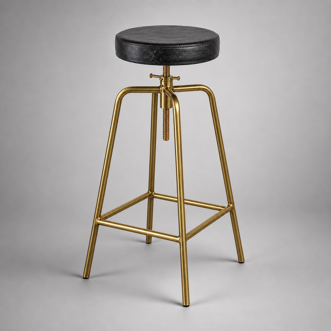 Brass Bar Adjustable Stool Black Leather Top Seat | Vintage Industrial Style