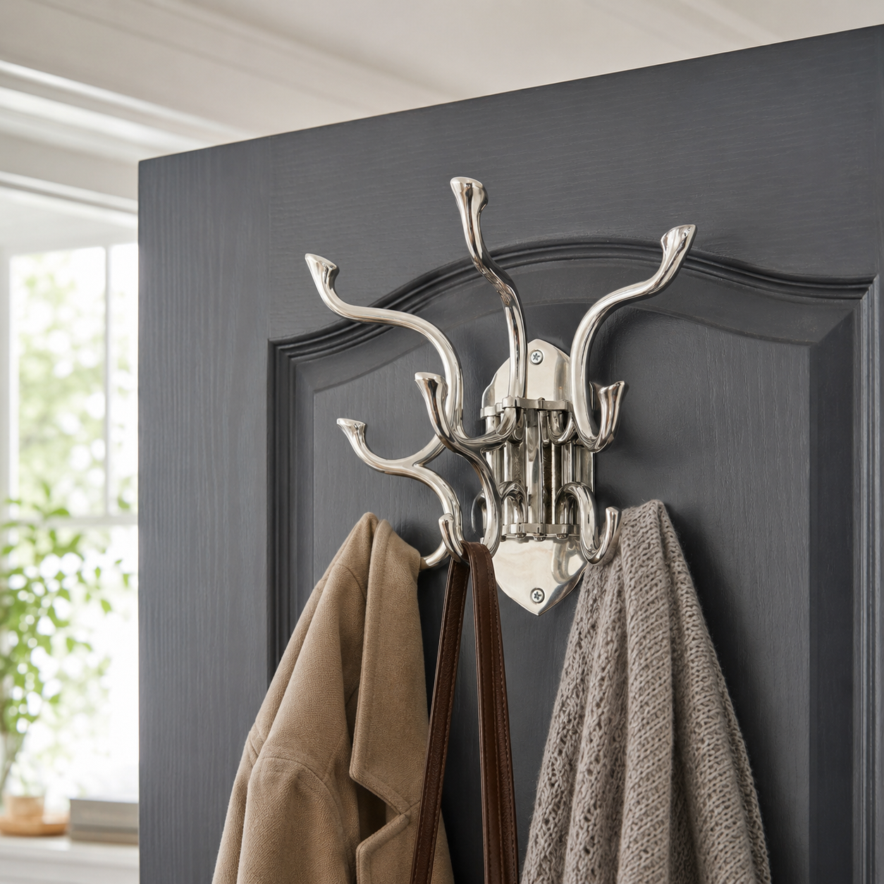 Metal Swivel Coat Rack | Polished Aluminium 5 Hook Wall Hanger