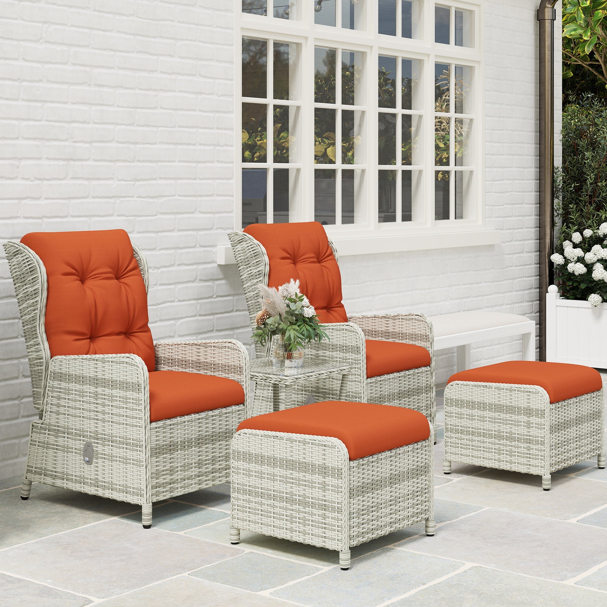 Outsunny Recliner Rattan Garden Furniture w/ Two-tier Table, Orange