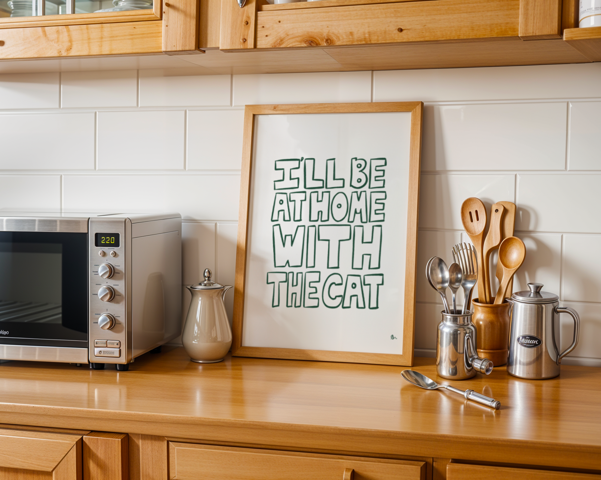 I'll Be At Home With The Cat | Green Pet Minimalist Typography Print Poster