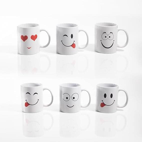 Set of 6 White Emoji Coffee Mugs – Dishwasher Safe Porcelain Tea & Hot Chocolate Cups