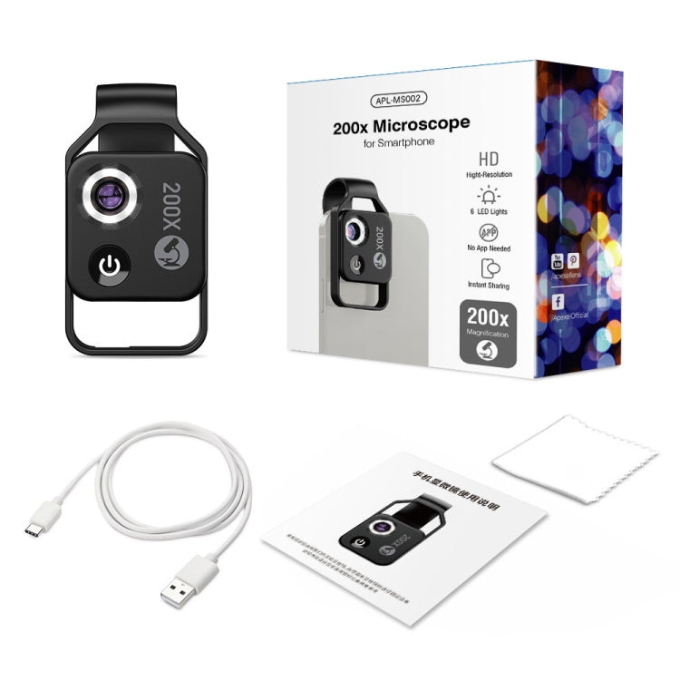 APEXEL™ APL-MS002BK 200X HD Universal Portable Mobile Phone Microscope with LED Light (Black)