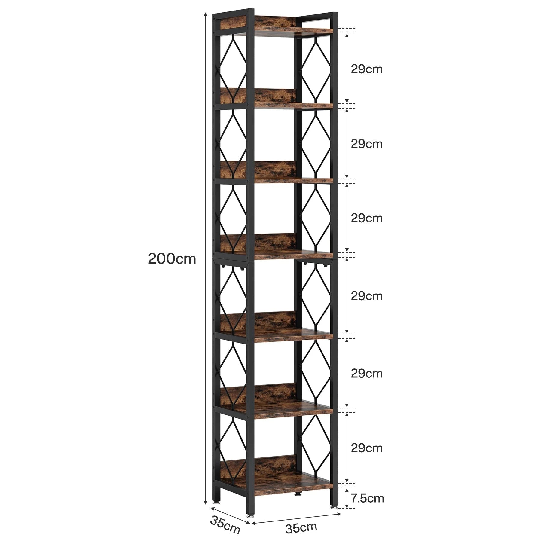 200cm Slim 7-Tier Industrial Bookshelf - Rustic Wood & Black Metal Display Tower.