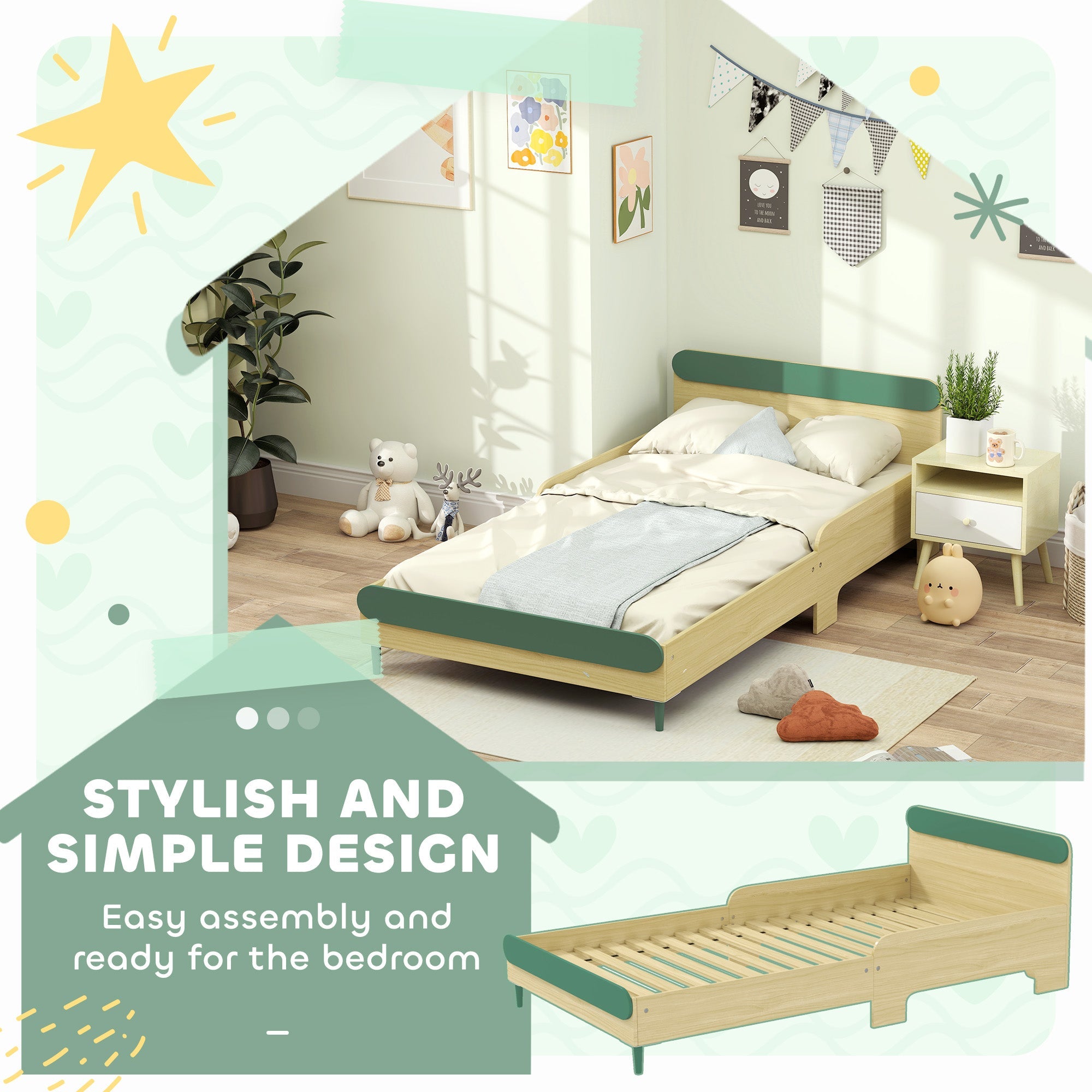 AIYAPLAY Toddler Bed, Kids Bed w/ Safety Rail, 195 x 103 x 60.5cm, Green