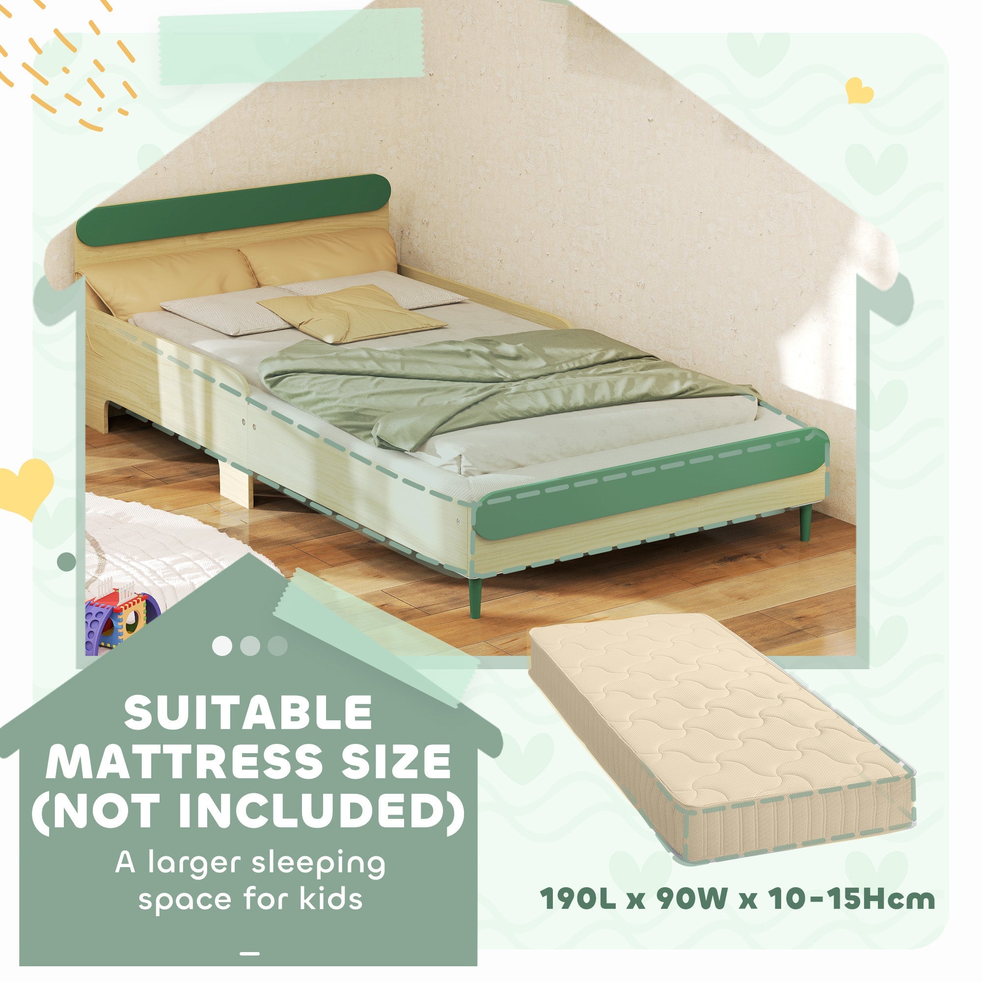 AIYAPLAY Toddler Bed, Kids Bed w/ Safety Rail, 195 x 103 x 60.5cm, Green