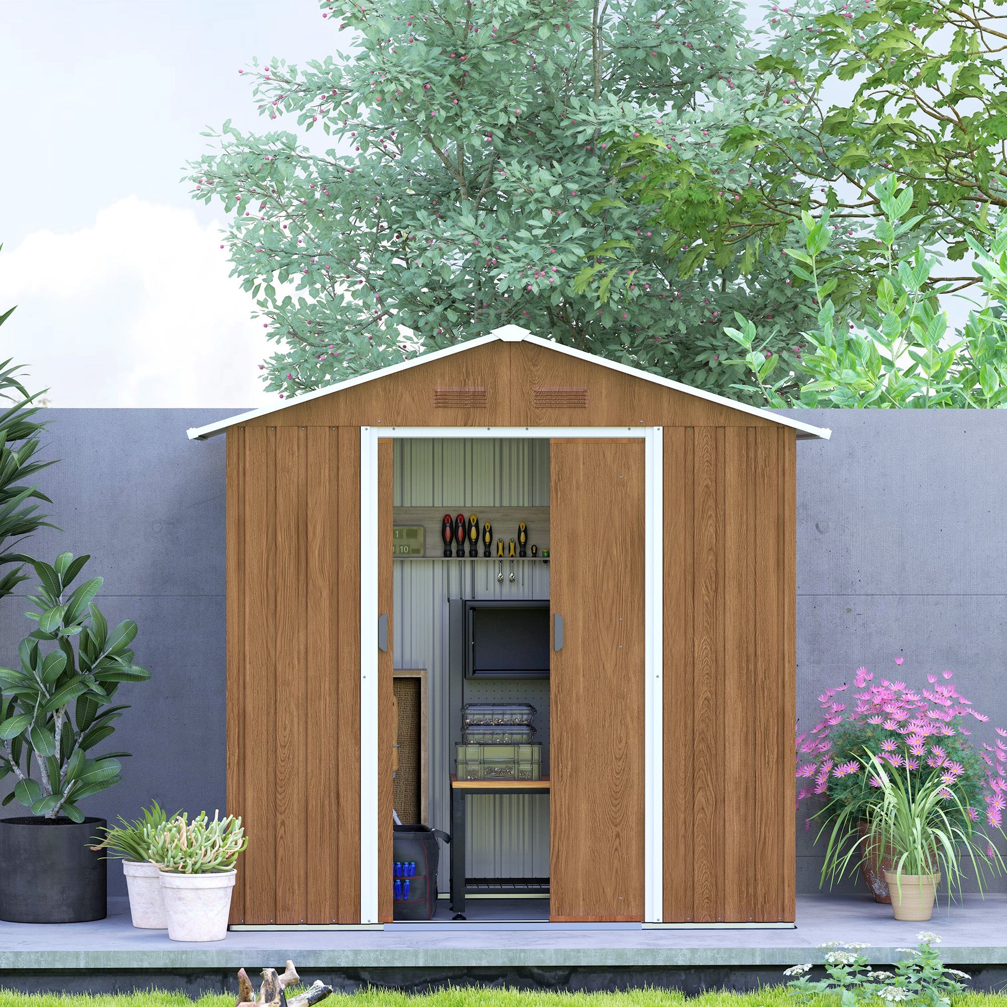 Outsunny 6.5x3.5ft Metal Garden Shed for Garden, Brown Wood Effect
