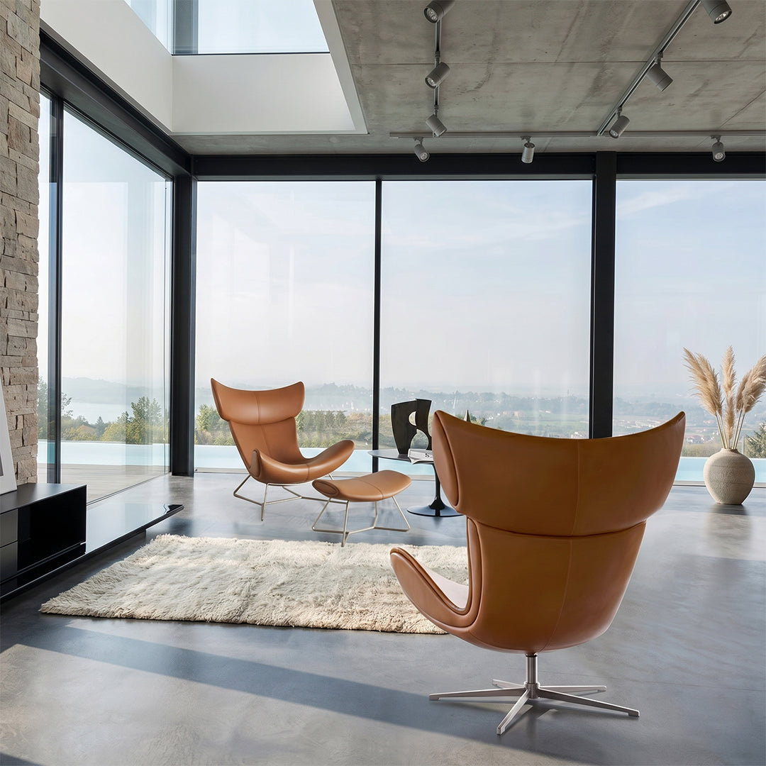 Imola Chair And Ottoman, Star Legs & Black Leather