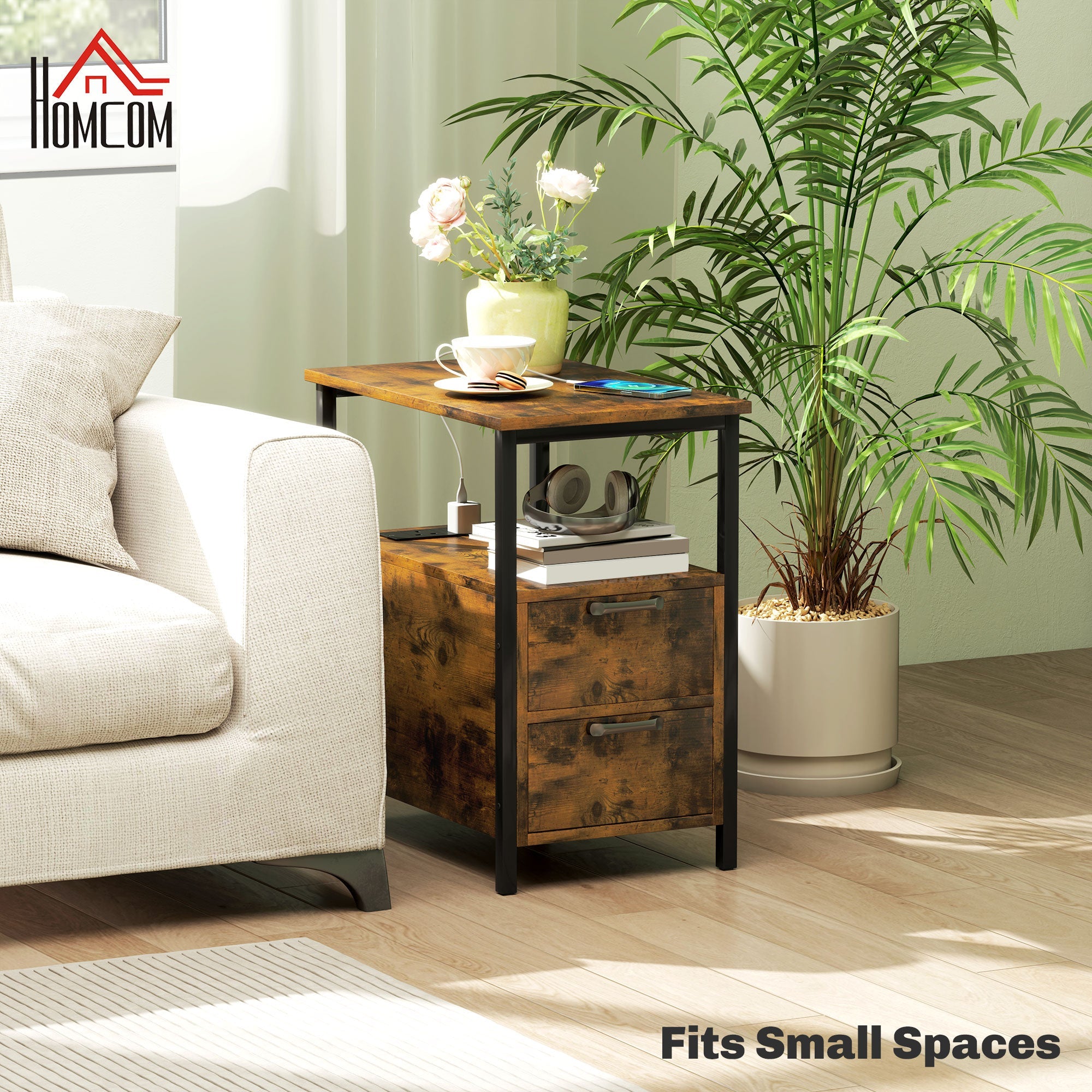 HOMCOM Bedside Table with Charging Station for Living Room, Rustic Brown