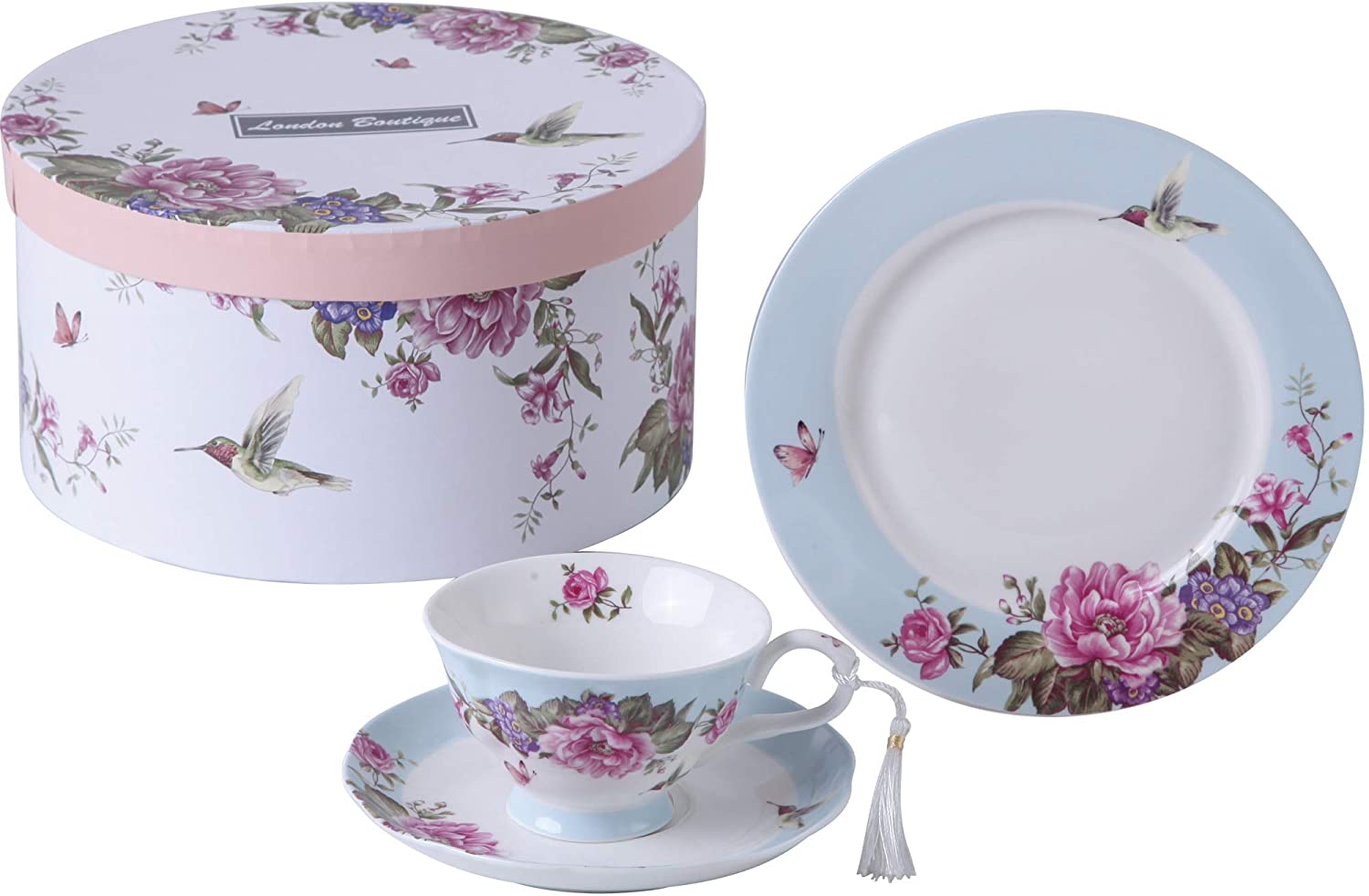 Coffee Tea Cup and Saucer 7.5" Dessert Plate Set 3 Shabby Chic Vintage Porcelain Bird Butterfly Floral Gift Box (Blue)