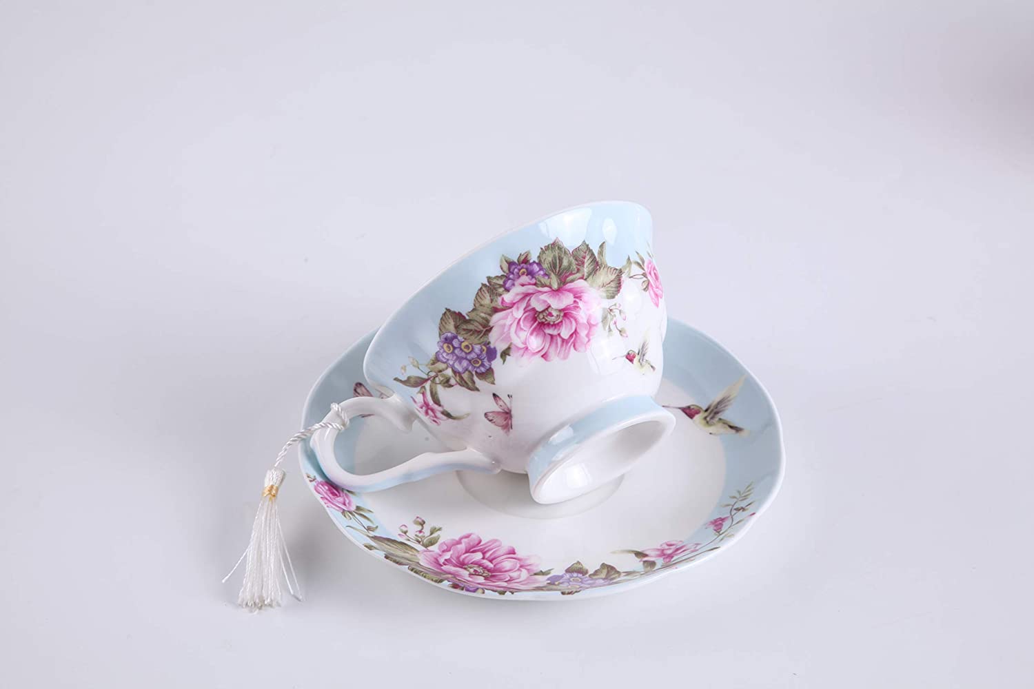 Coffee Tea Cup and Saucer 7.5" Dessert Plate Set 3 Shabby Chic Vintage Porcelain Bird Butterfly Floral Gift Box (Blue)