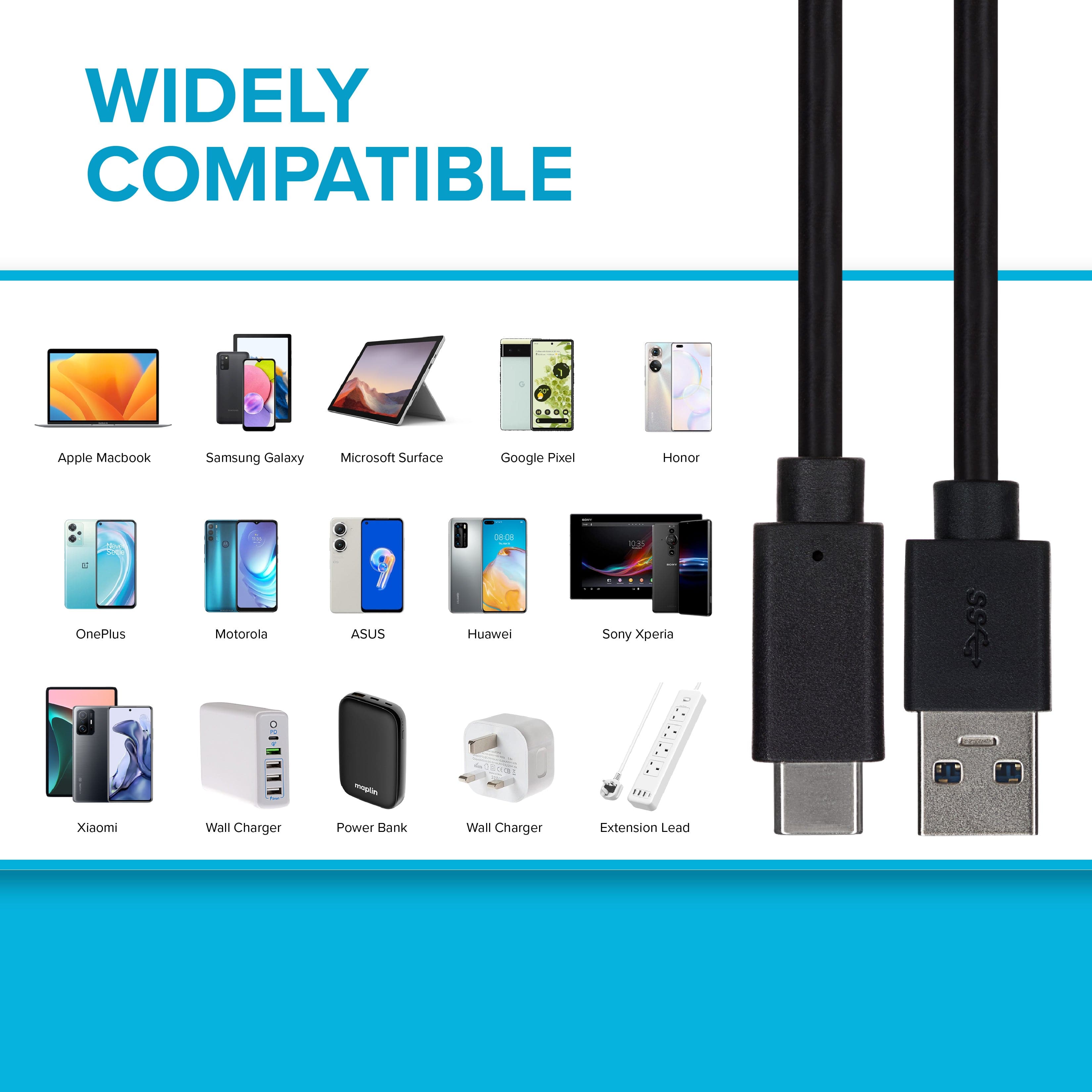 Maplin Pro USB-C to USB-A 3.1 Gen1 5Gbps Super Speed Cable - Black, 1m