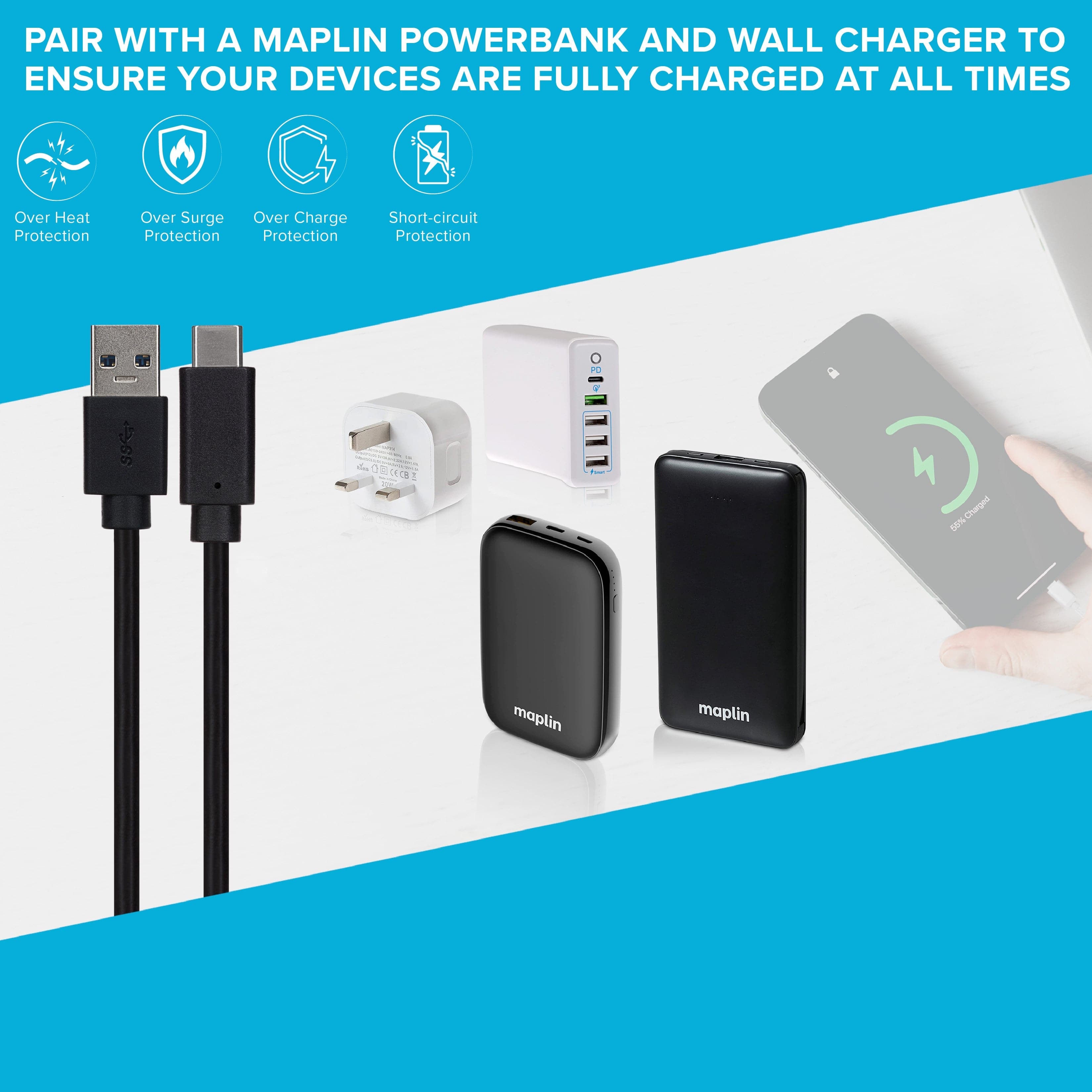 Maplin Pro USB-C to USB-A 3.1 Gen1 5Gbps Super Speed Cable - Black, 1m