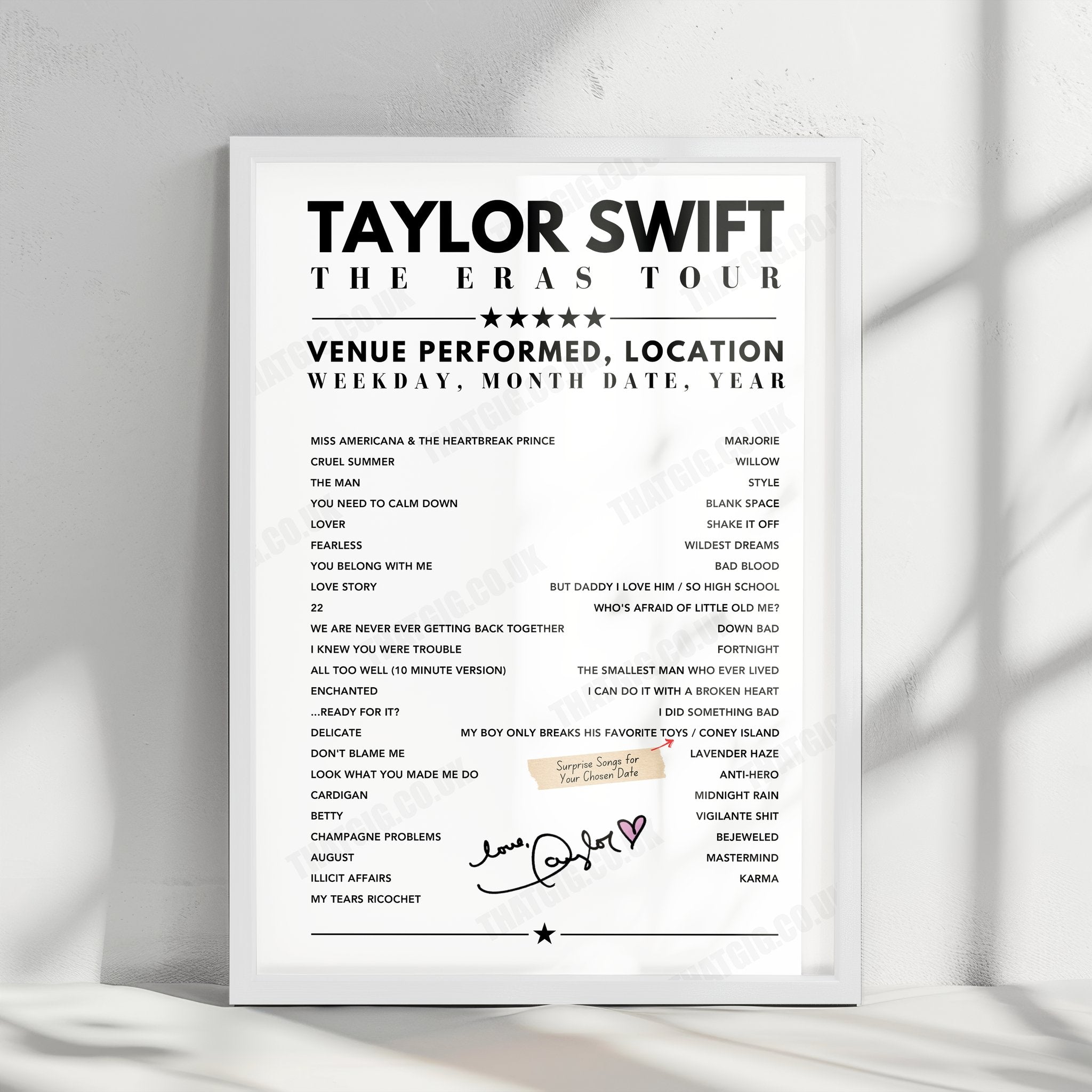 Taylor Swift Setlist Poster - Allegiant Stadium, Las Vegas - March 24th, 2023