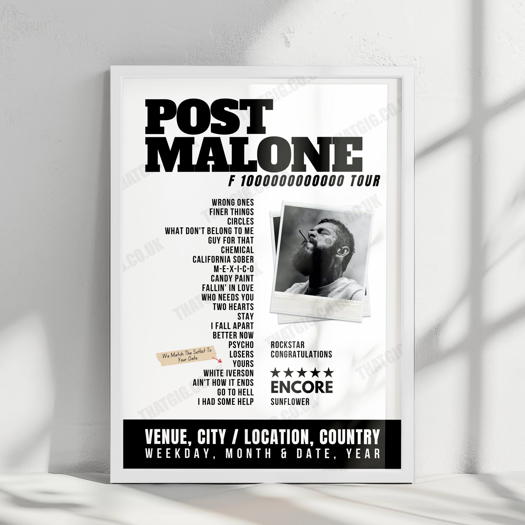 Post Malone Setlist Poster - Zouk Nightclub, Las Vegas - February 11th, 2024