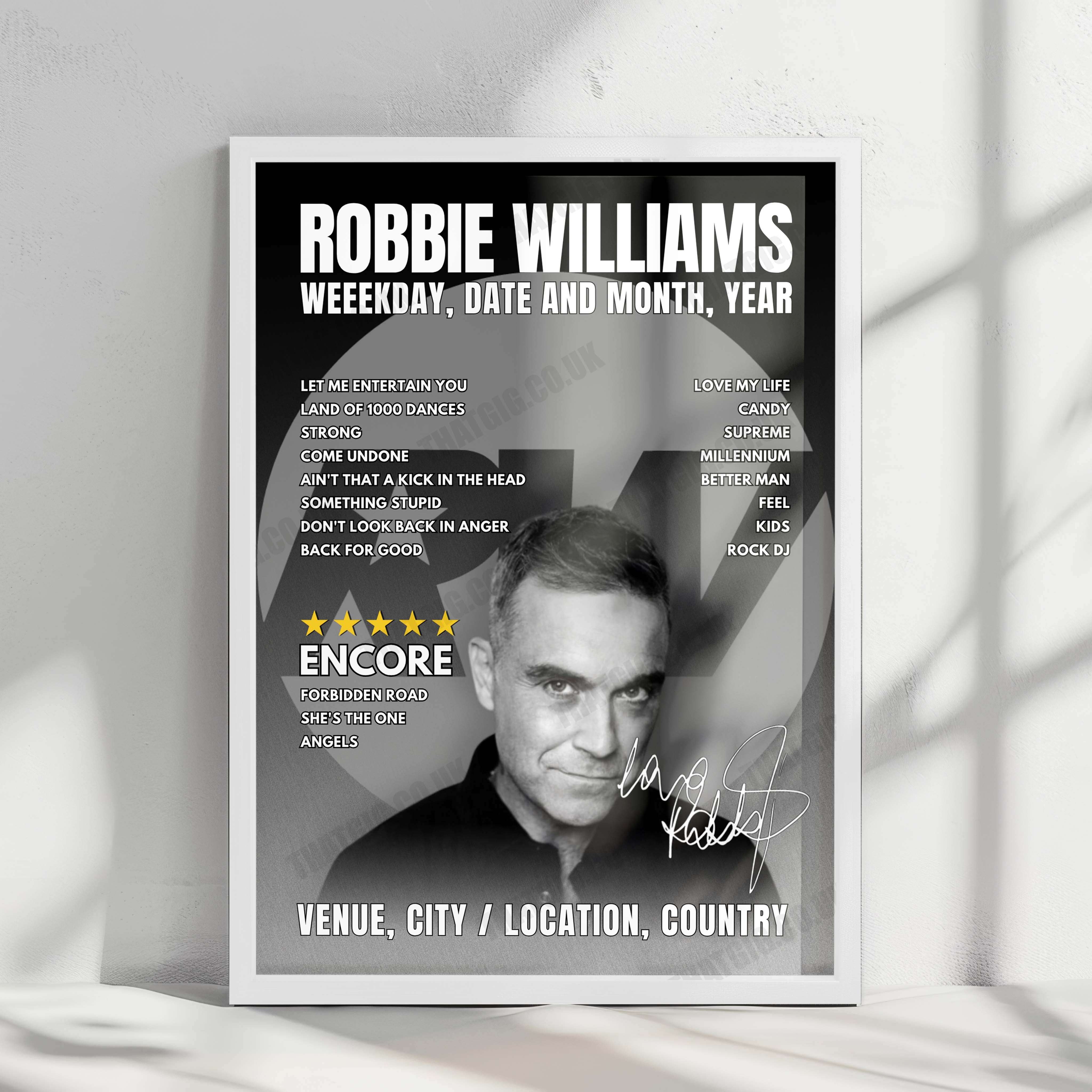 Robbie Williams Setlist Poster - RCDE Stadium, Cornellà de Llobregat - July 5th, 2025