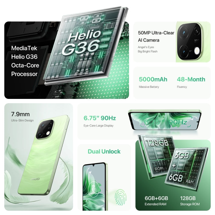 UMIDIGI G9C, 6GB+128GB, Face ID & Side Fingerprint Identification, 6.75 inch Android 14 MediaTek Helio G36 Octa Core, Network: 4G (Galaxy White)