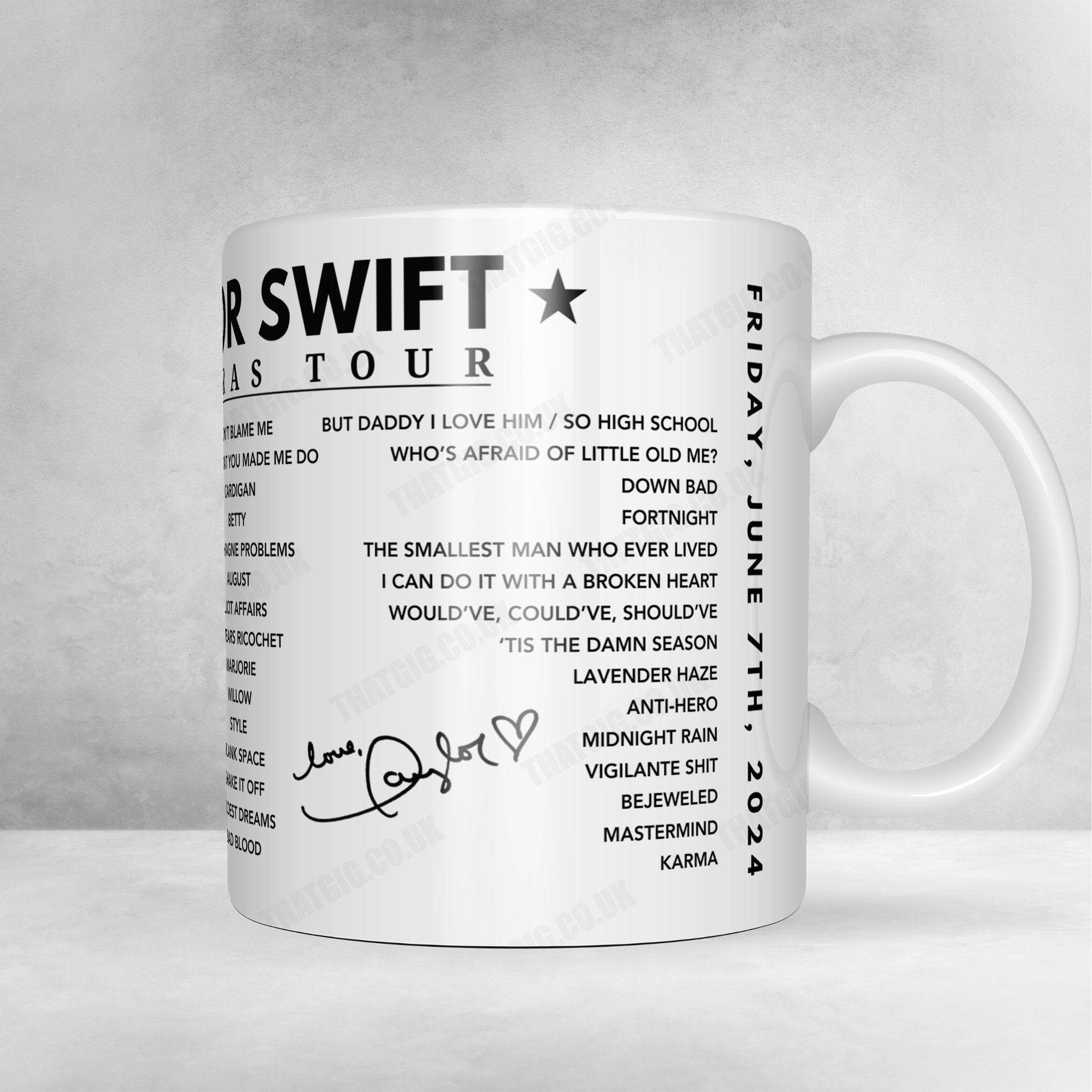 Taylor Swift Setlist Mug - Scottish Gas Murrayfield Stadium, Edinburgh - June 7th, 2024