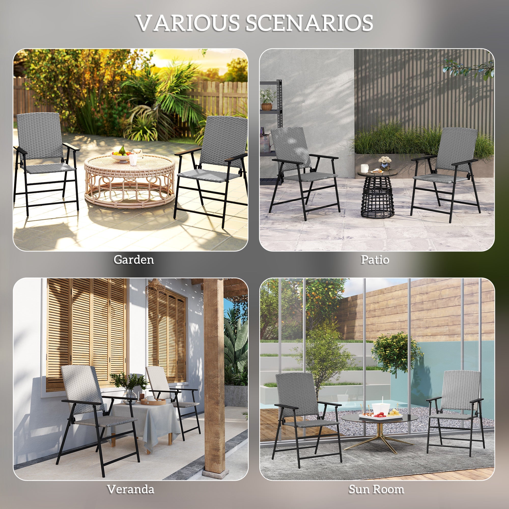 Outsunny 2pcs Rattan Chair Foldable Garden Furniture w/ Armrest Grey