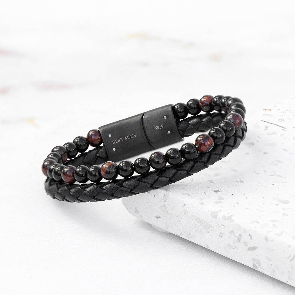 Personalised Men's Tigers Eye Bead and Leather Bracelet