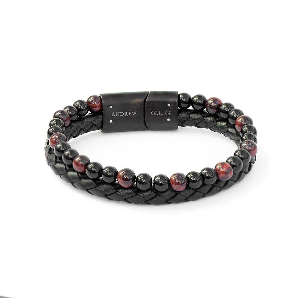 Personalised Men's Tigers Eye Bead and Leather Bracelet